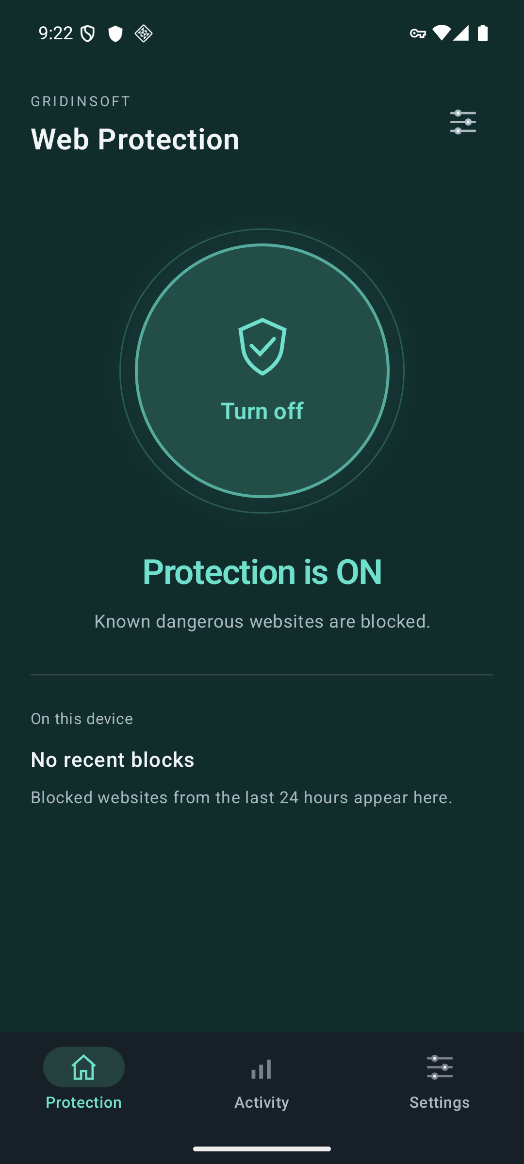 Gridinsoft Web Protection на Android зі статусом Protection is ON і великою кнопкою Turn off