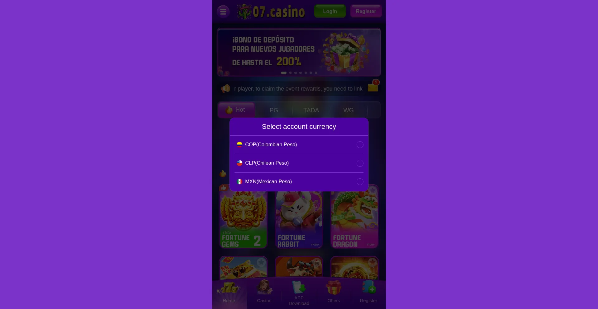 Website screenshot of 07casino.vip
