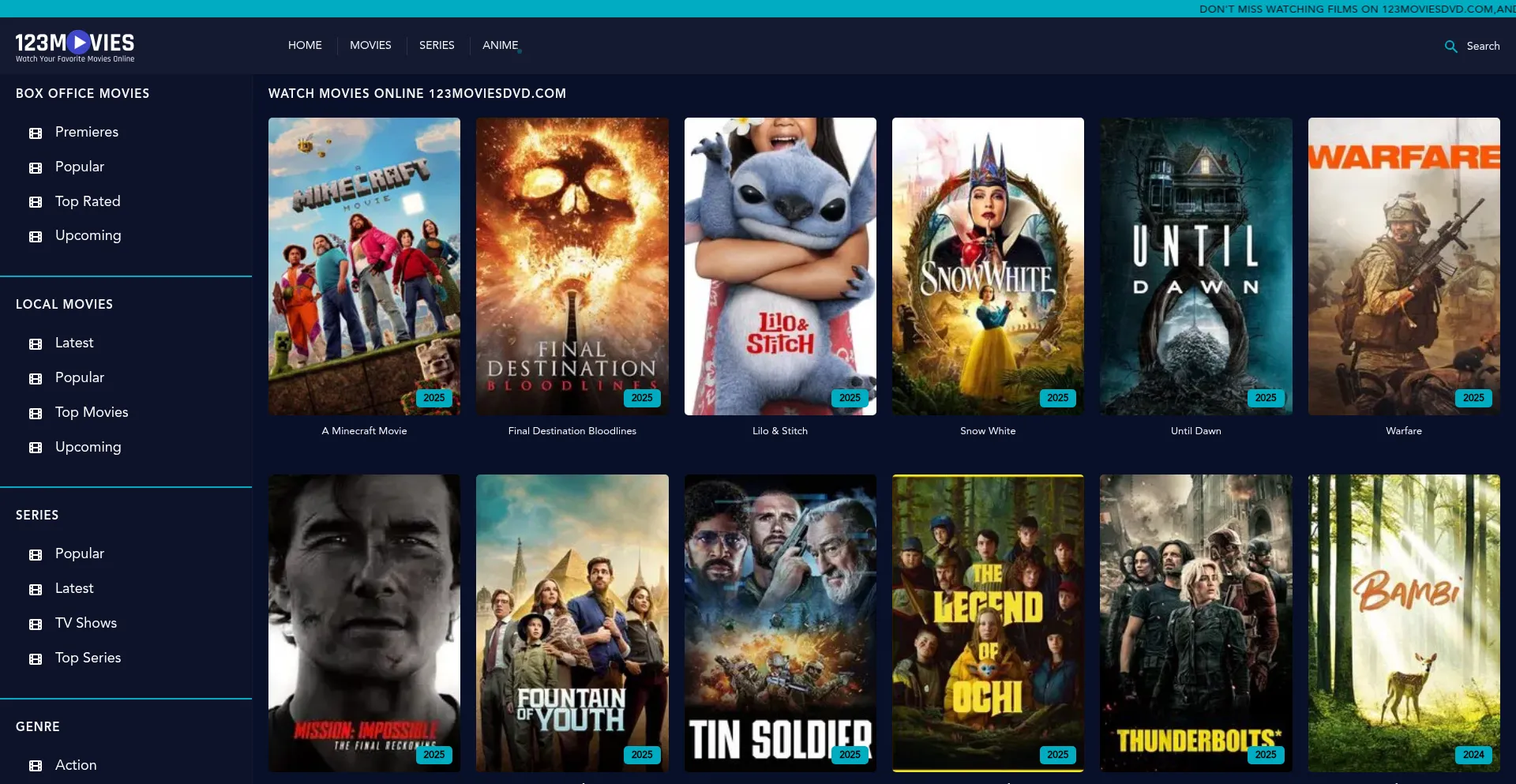 Website screenshot of 123moviesdvd.com