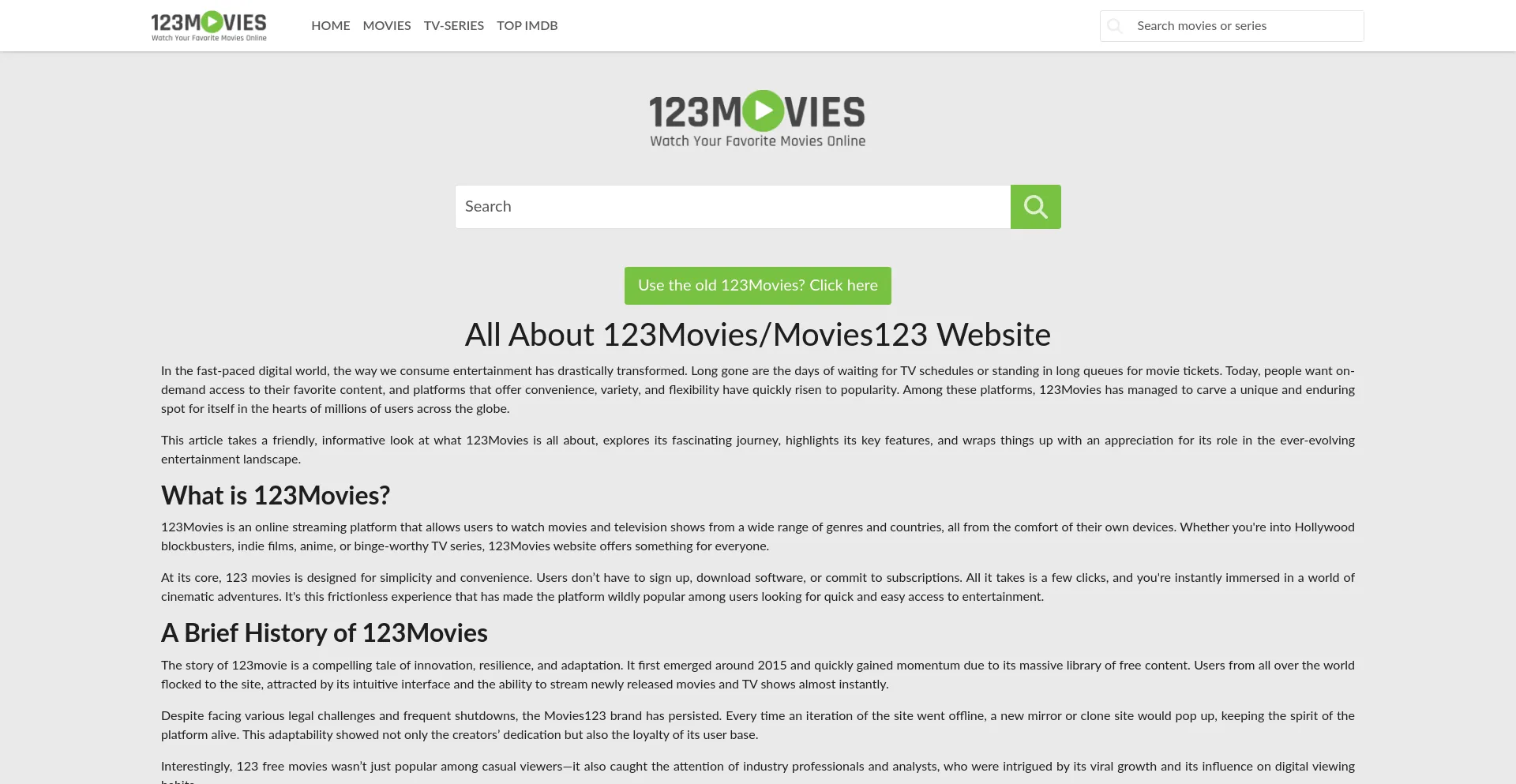 Website screenshot of 123moviesfreetv.com