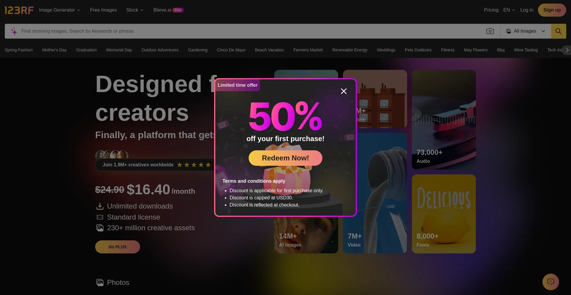 Website screenshot of 123rf.com