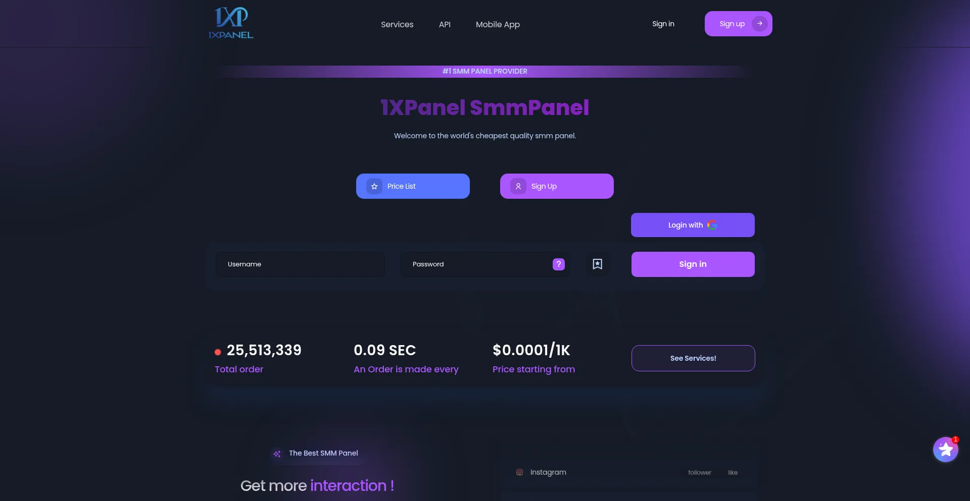Website screenshot of 1xpanel.com