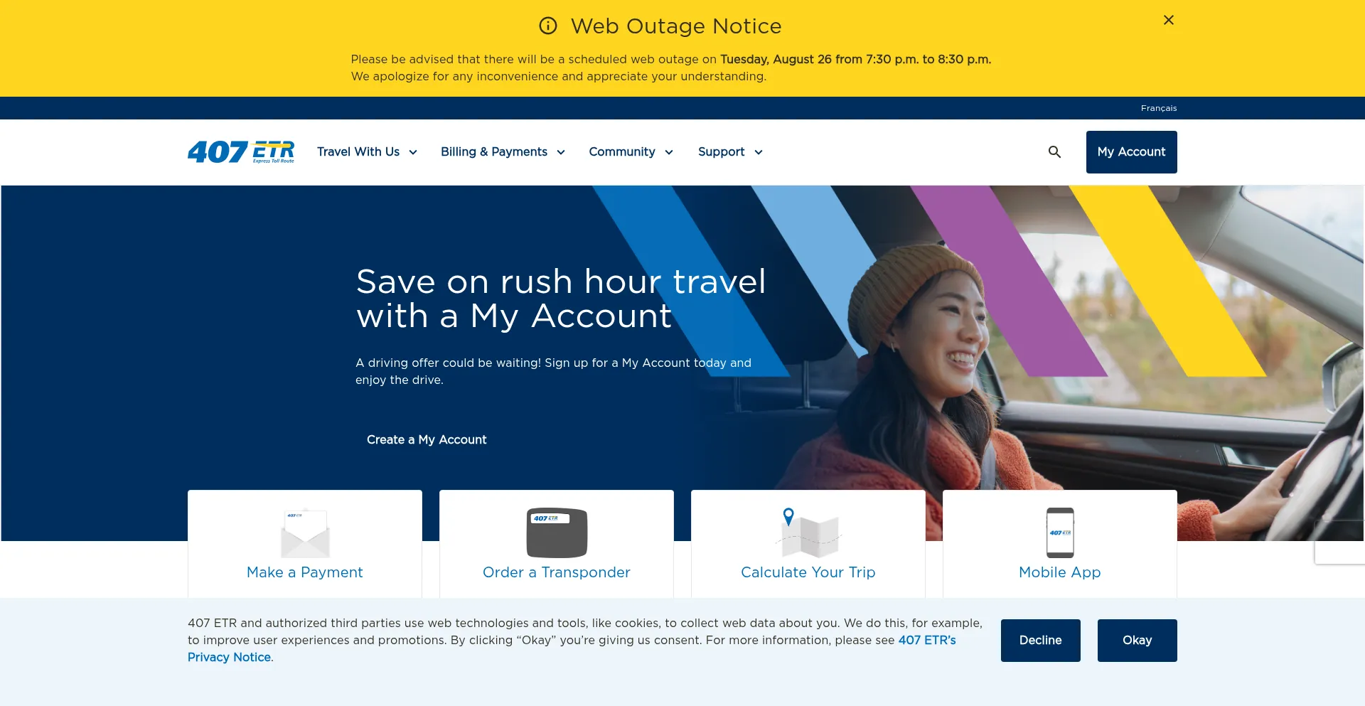 Website screenshot of 407etr.com