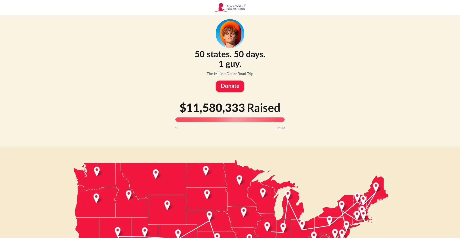 Website screenshot of 50-states-in-50-days.experience.stjude.org