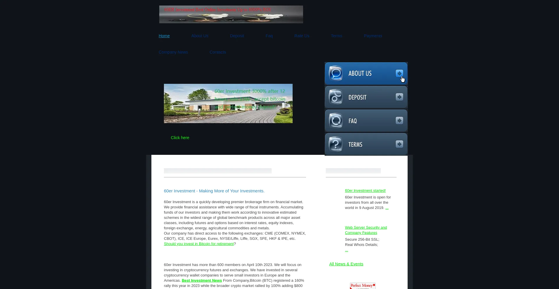 Website screenshot of 60erinvestment.com