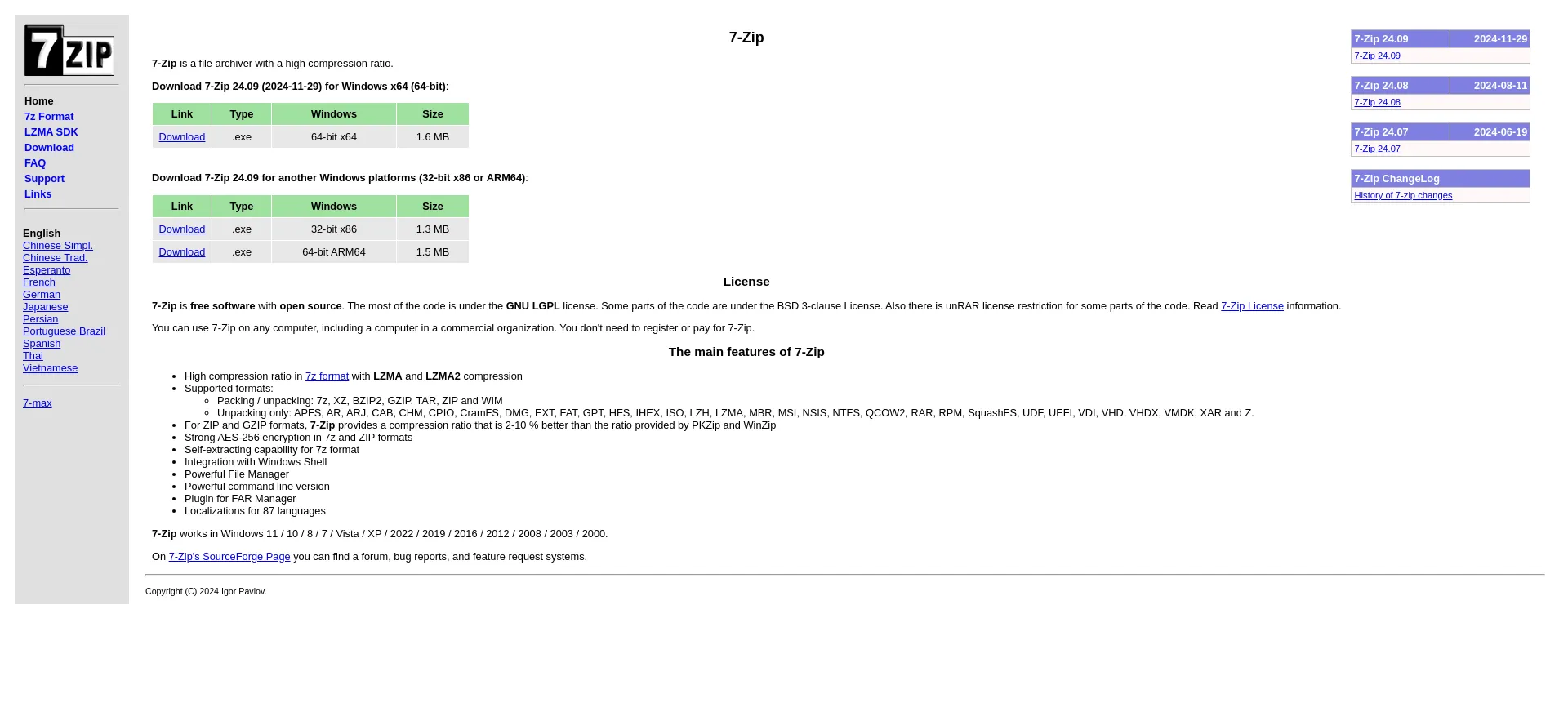 Website screenshot of 7-zip.org
