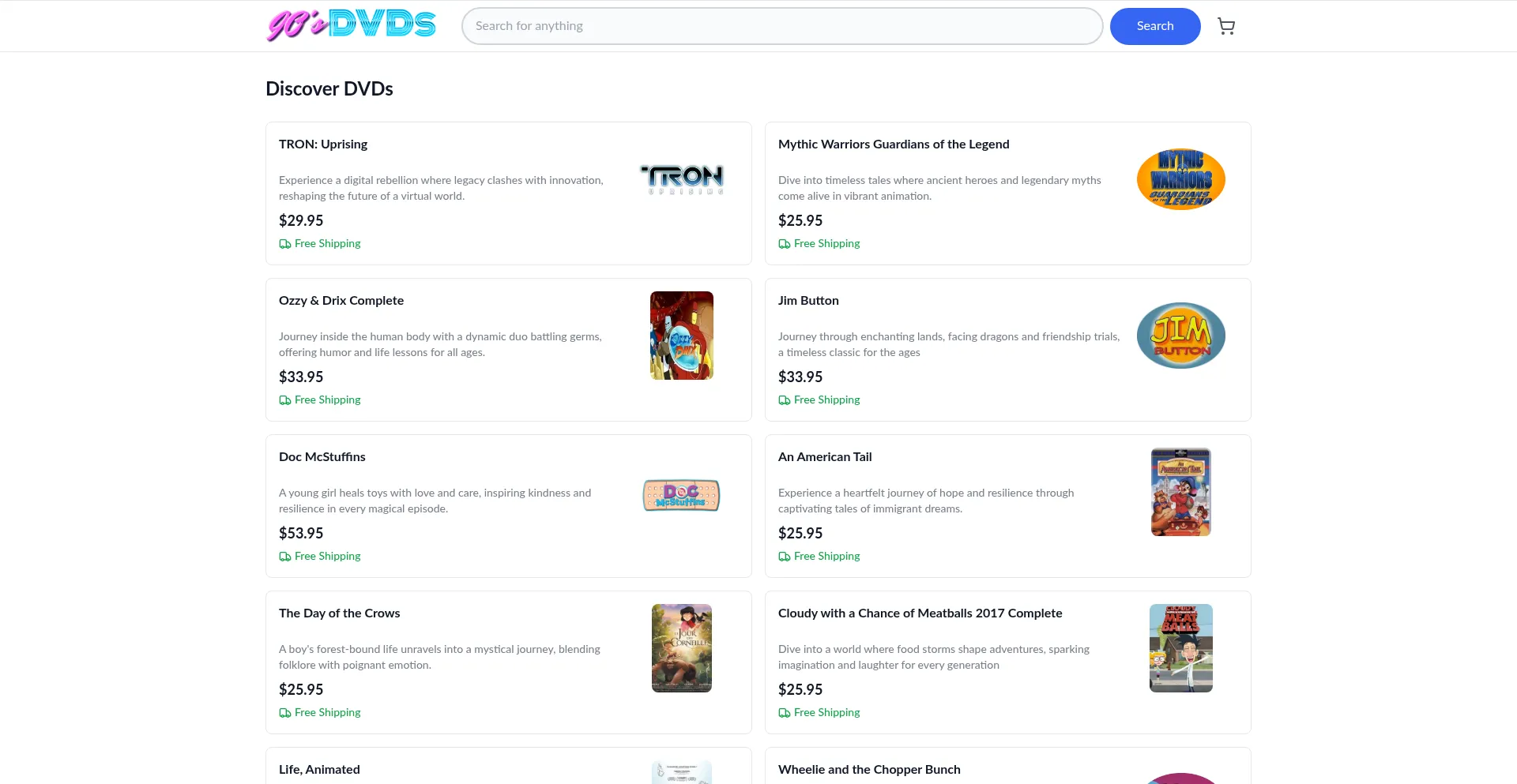 Website screenshot of 90sdvds.com