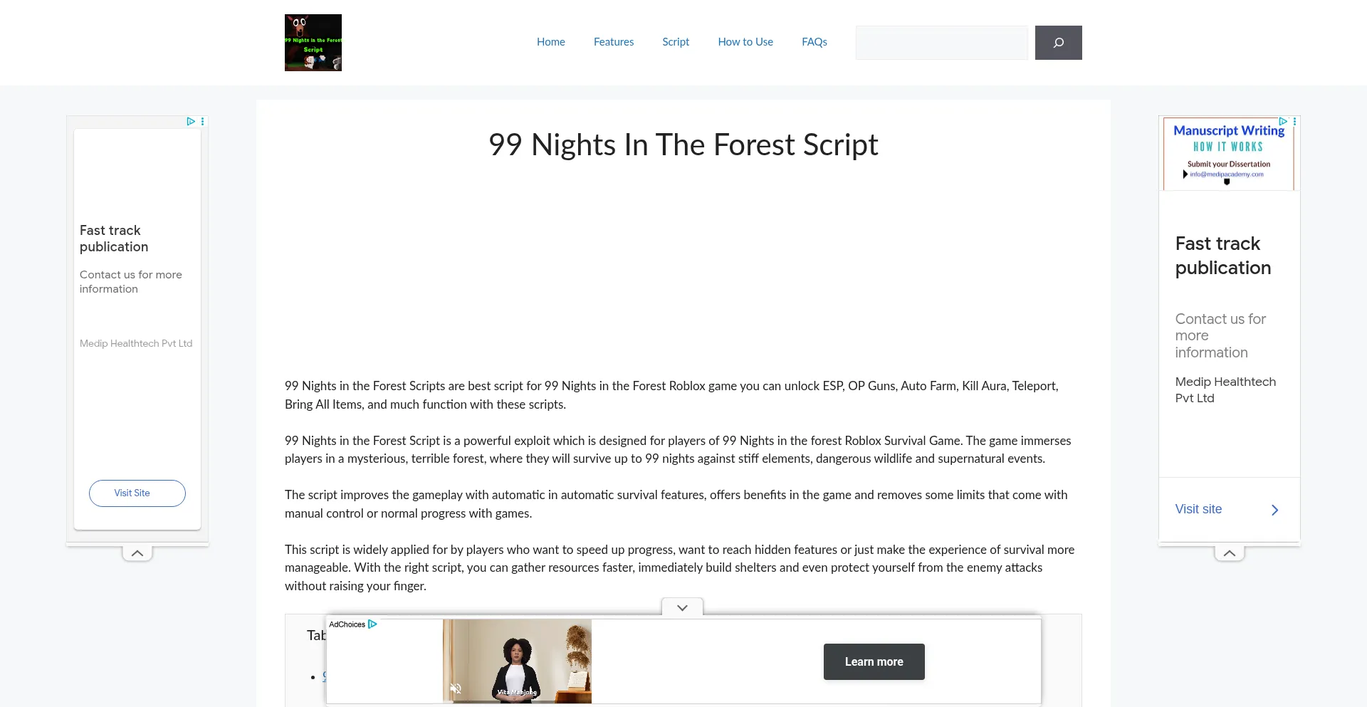 Website screenshot of 99nightsintheforestscript.com