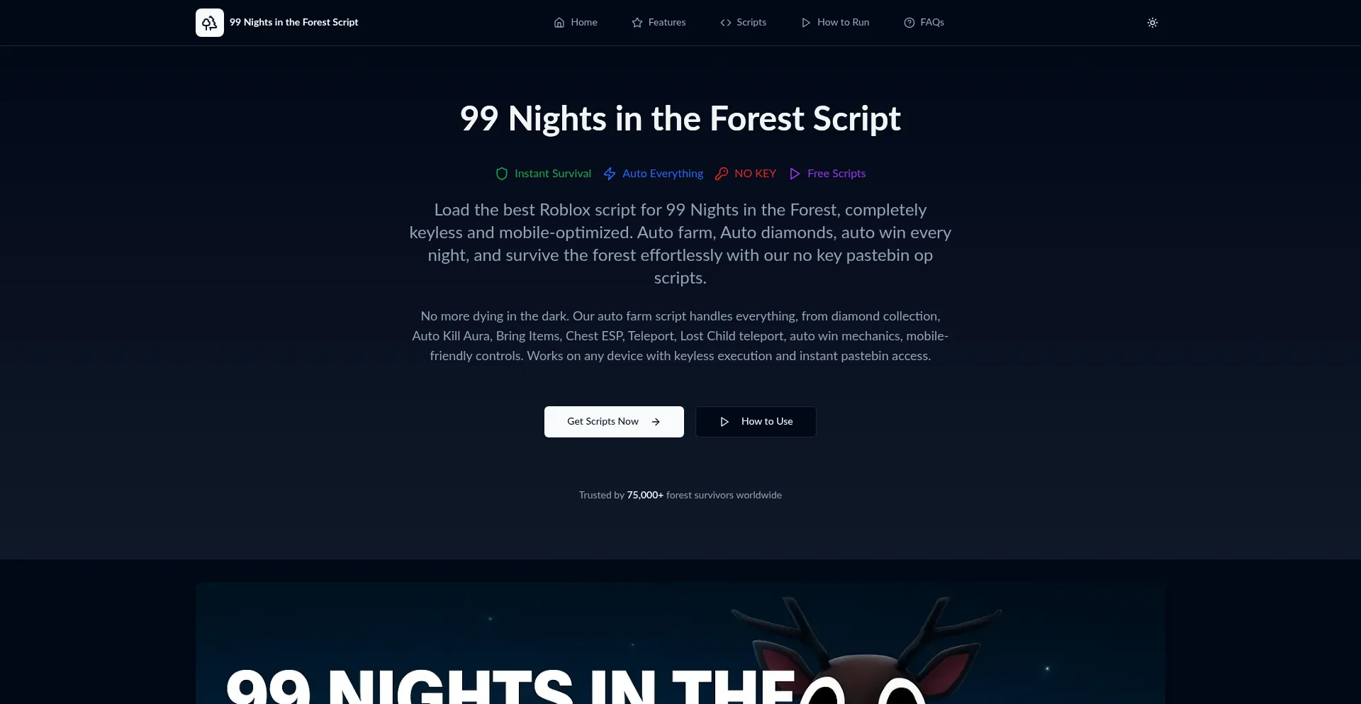 Website screenshot of 99nightsintheforestscript.dev