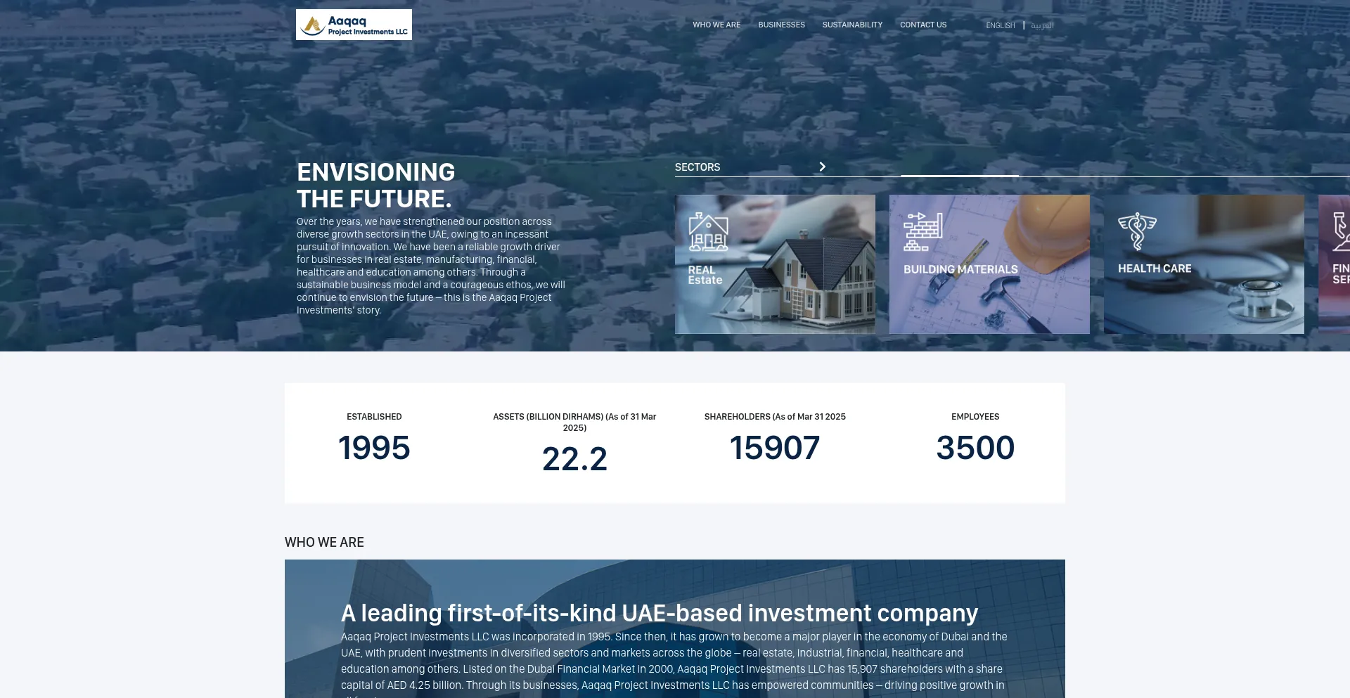 Website screenshot of Aaqaqprojectinvestments.ae
