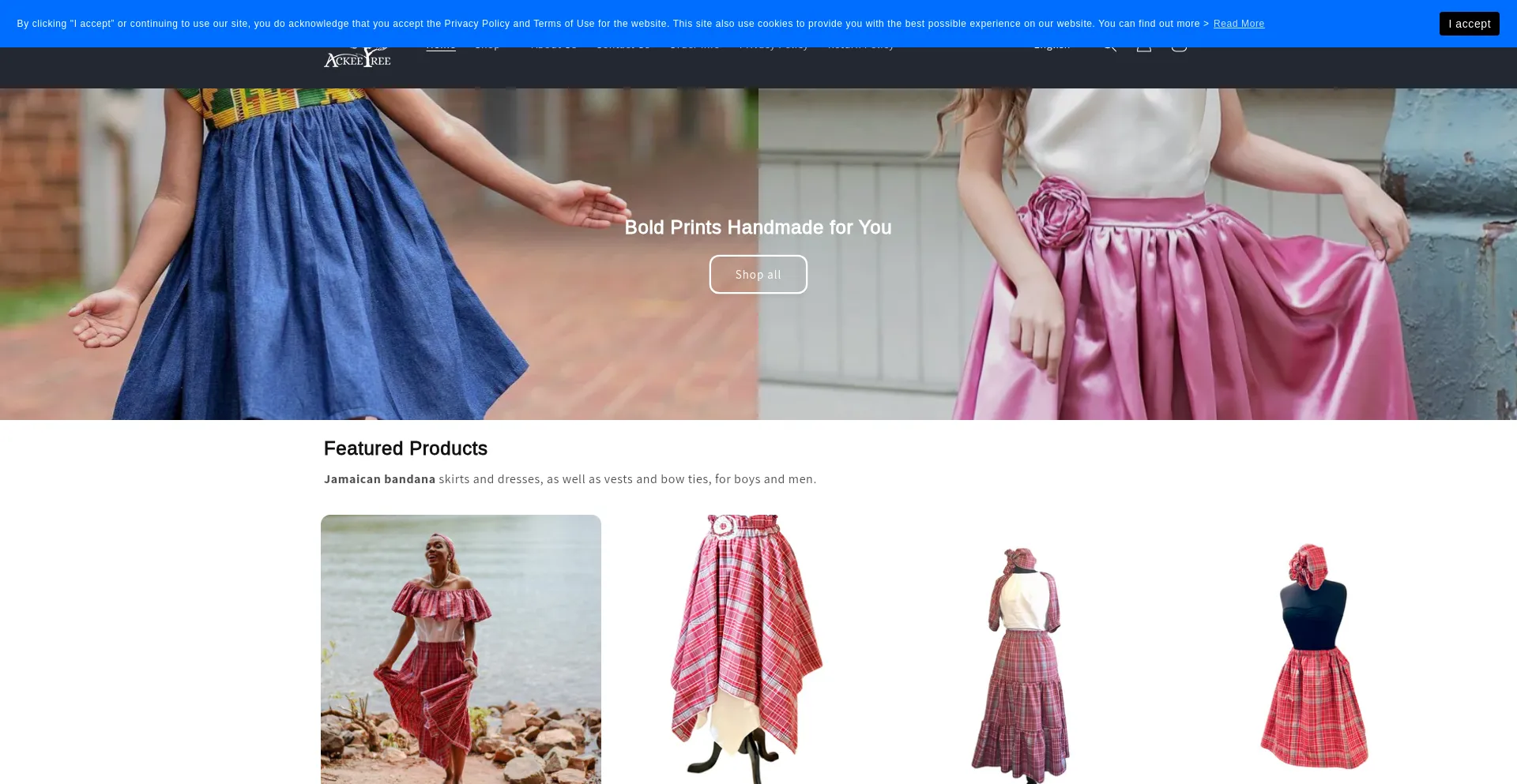 Website screenshot of Ackeetreeclothing.com