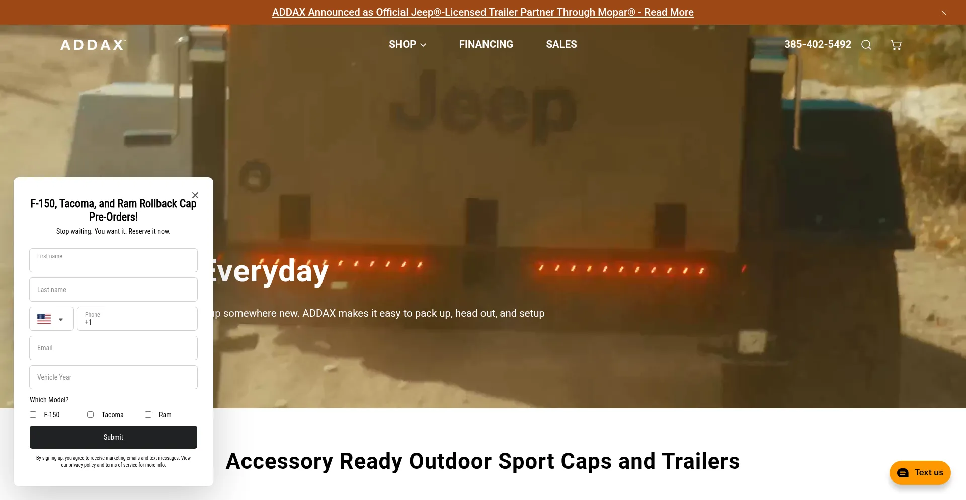 Website screenshot of Addaxoutdoors.com