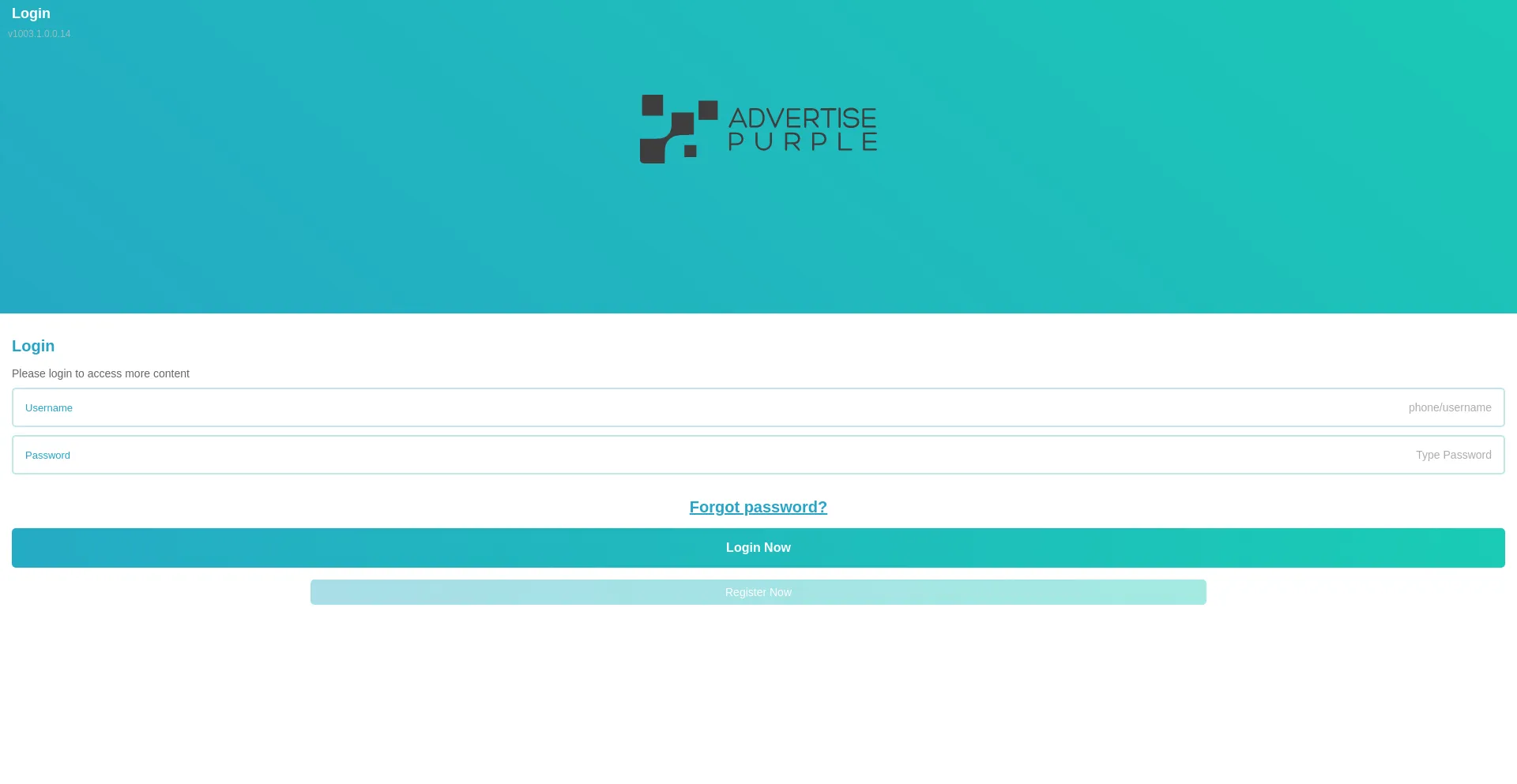 Website screenshot of Advertisepurpleapp.com