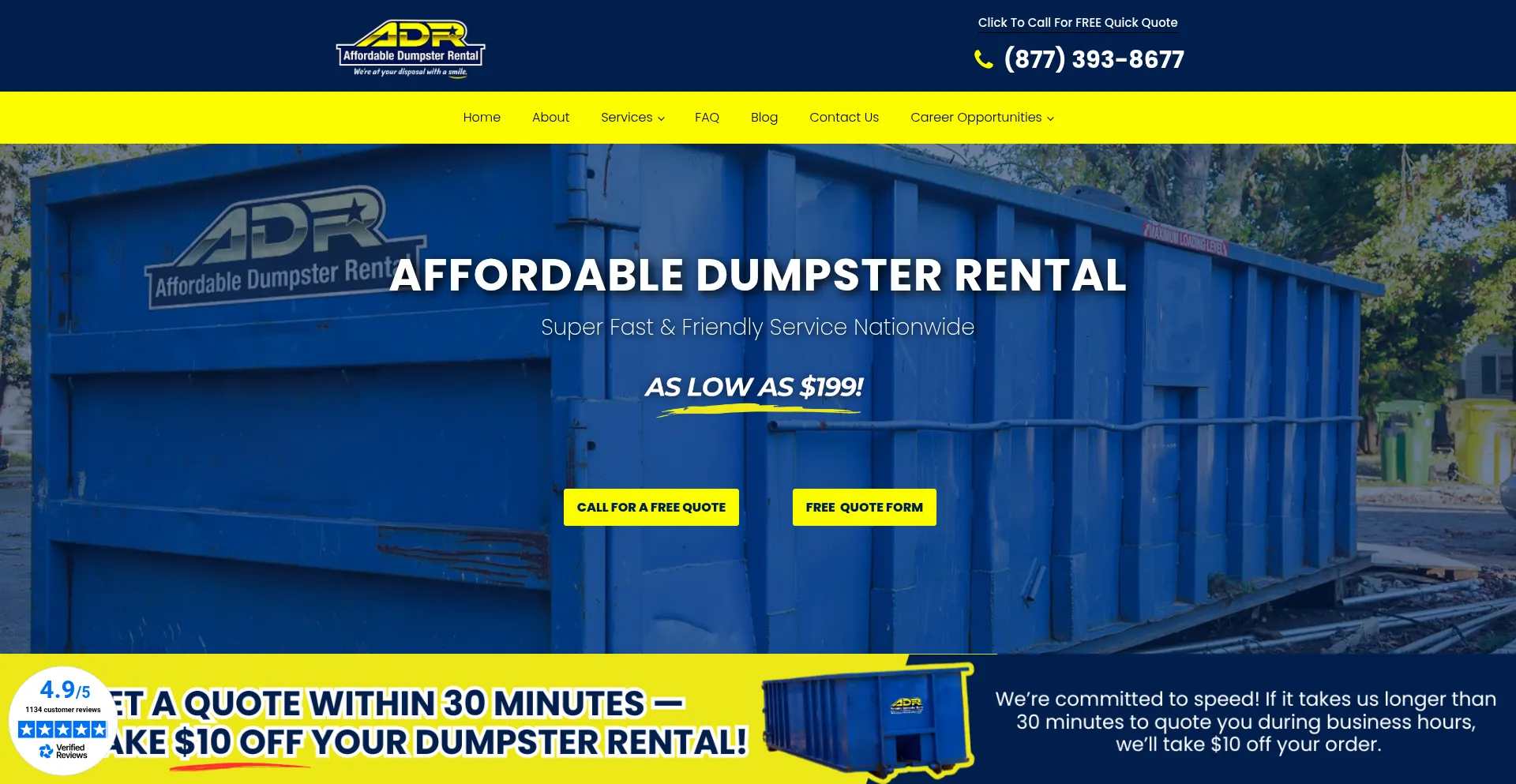 Website screenshot of Affordabledumpsterrental.com