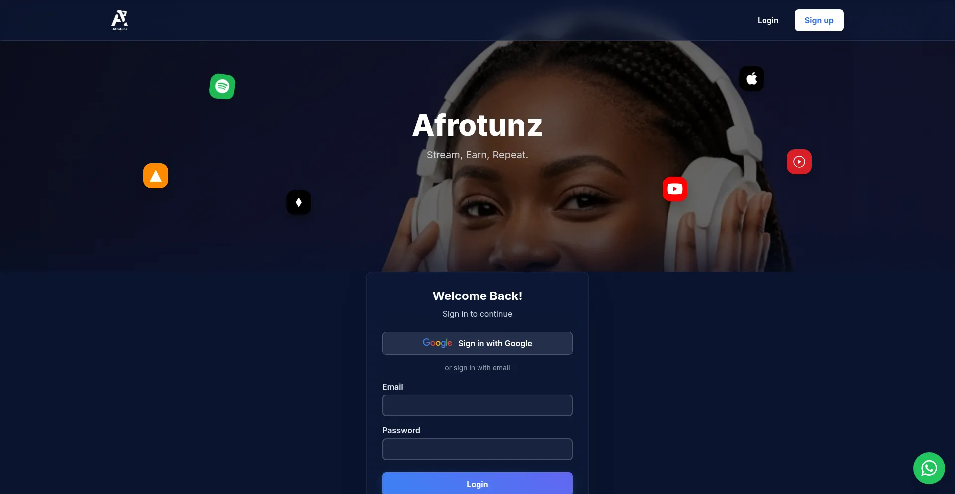 Website screenshot of Afrotunz.com.ng