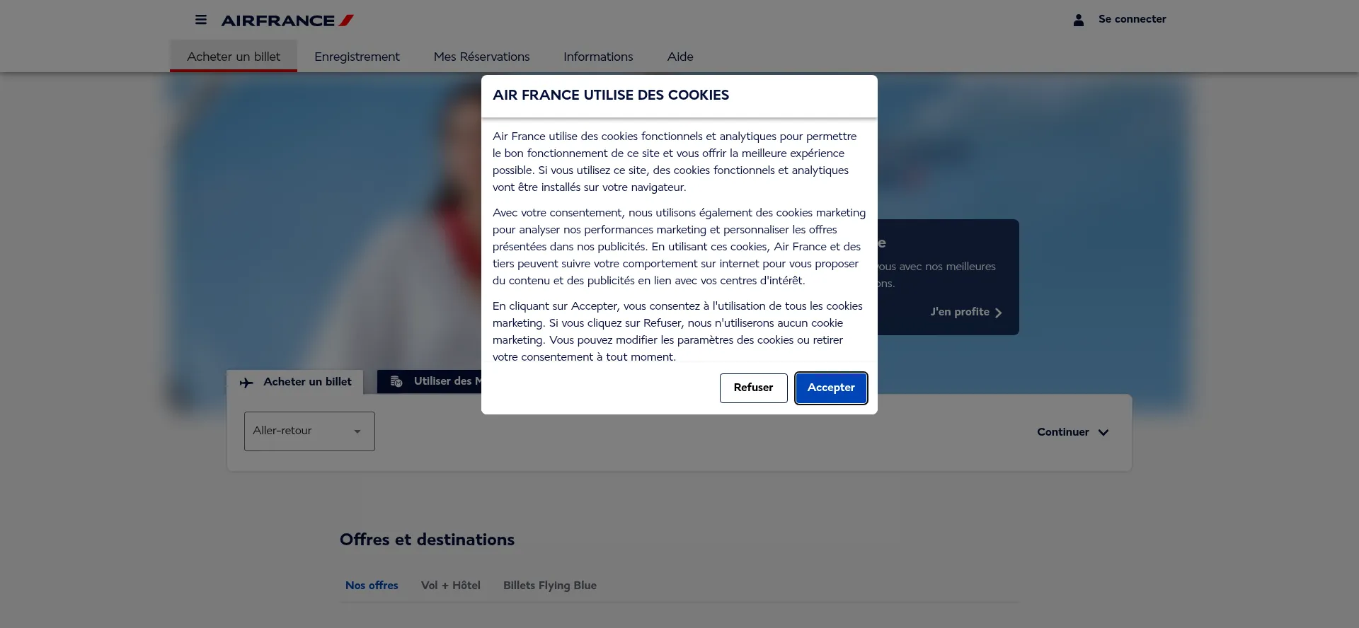 Website screenshot of Airfrance.fr