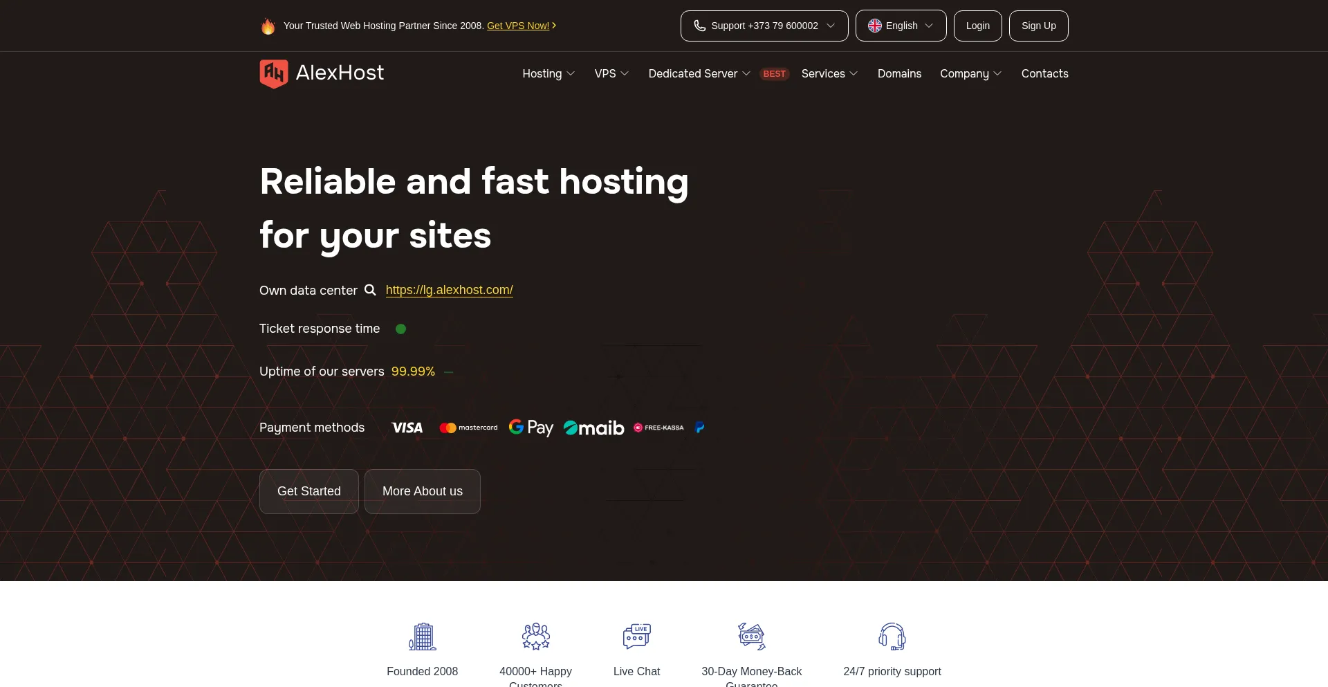 Website screenshot of Alexhost.com