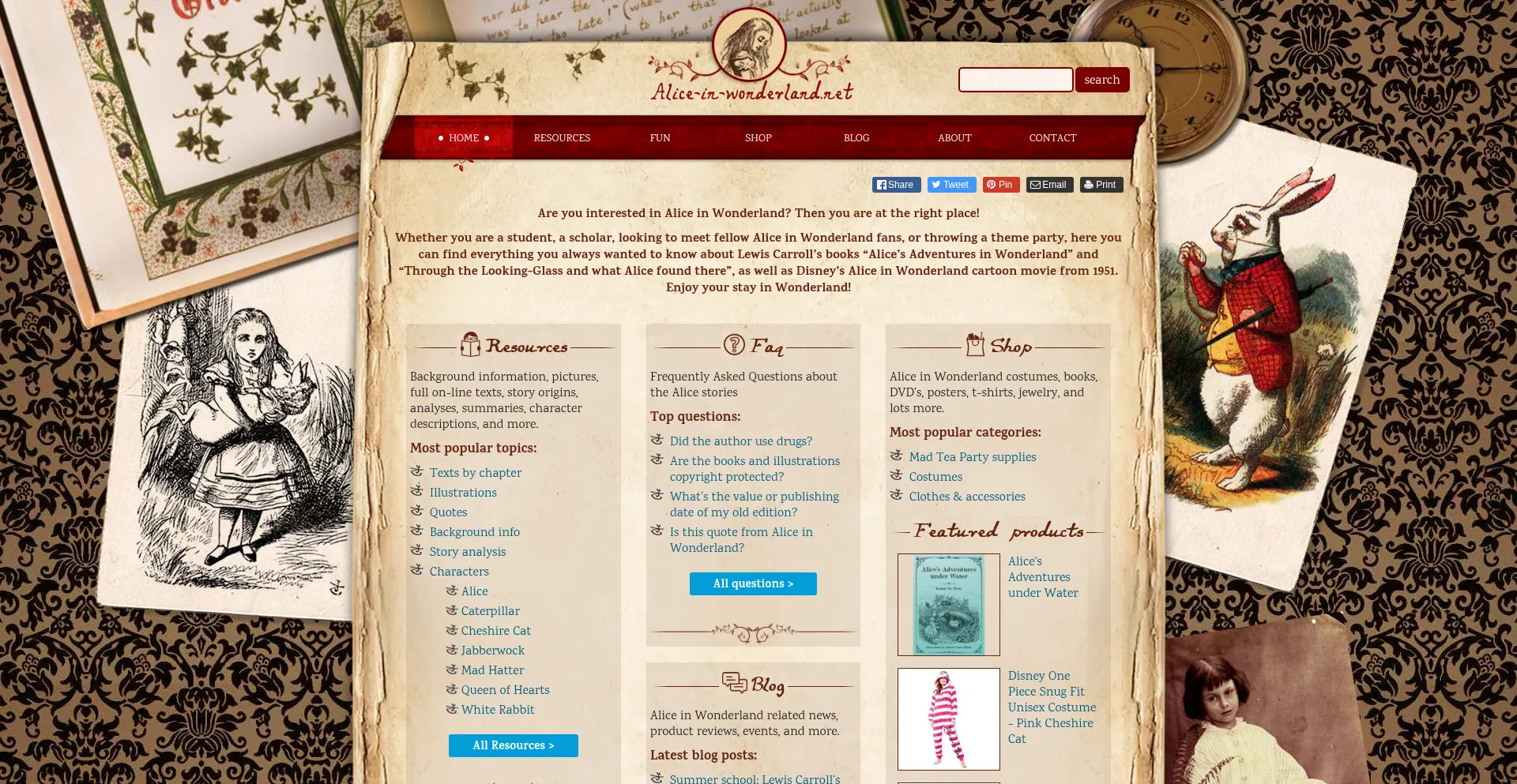 Website screenshot of Alice-in-wonderland.net