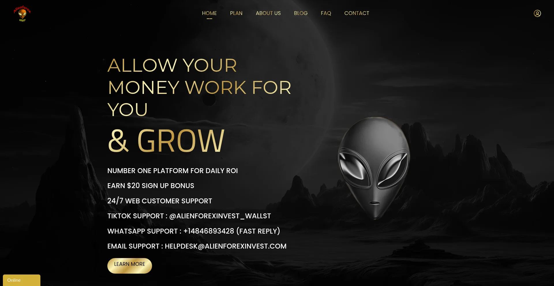 Website screenshot of Alienforexinvest.com