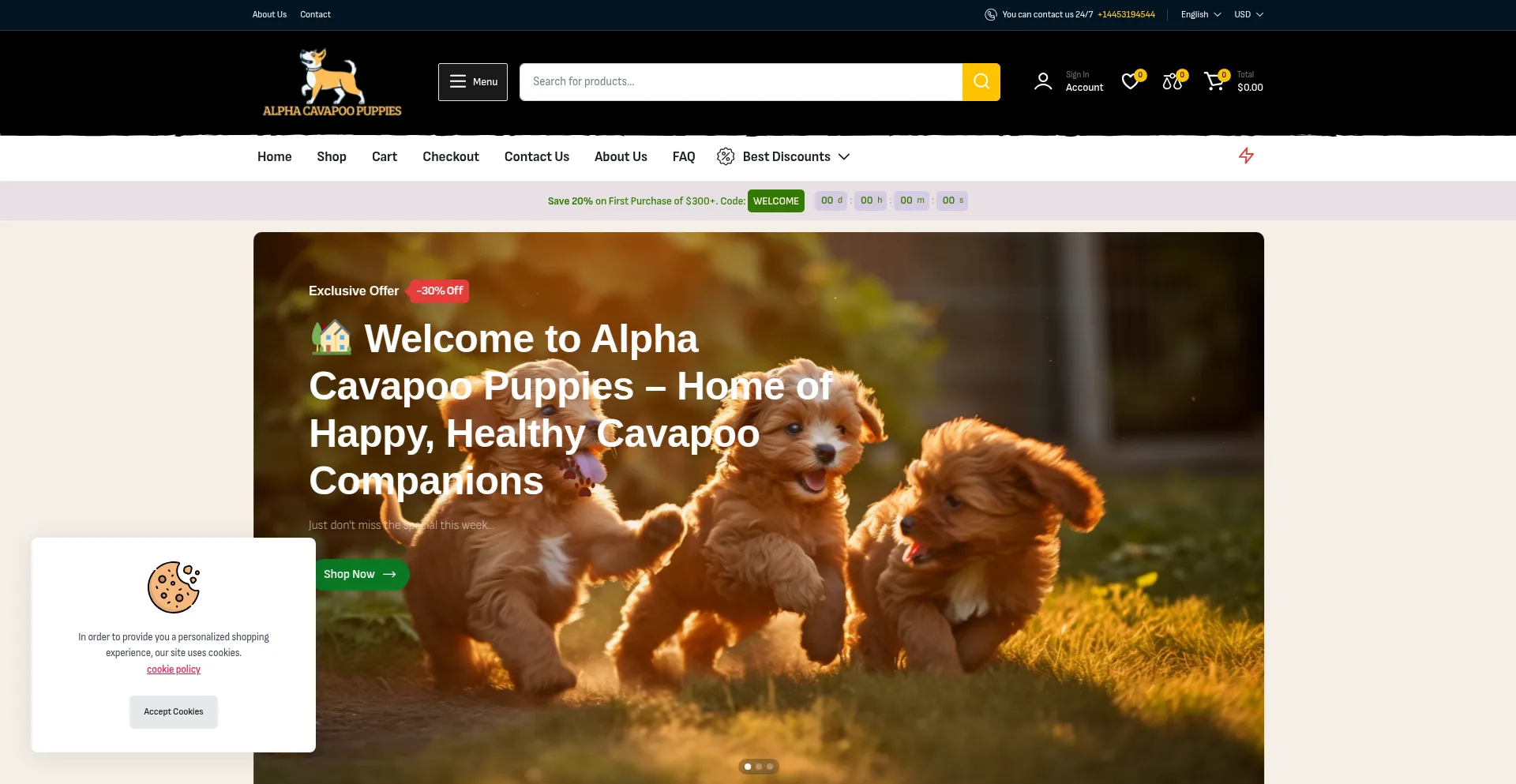 Website screenshot of Alphacavapoopuppies.shop