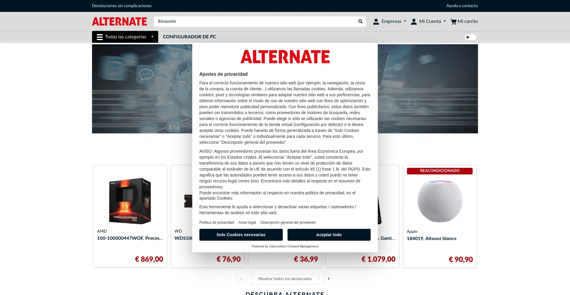Website screenshot of Alternate.es