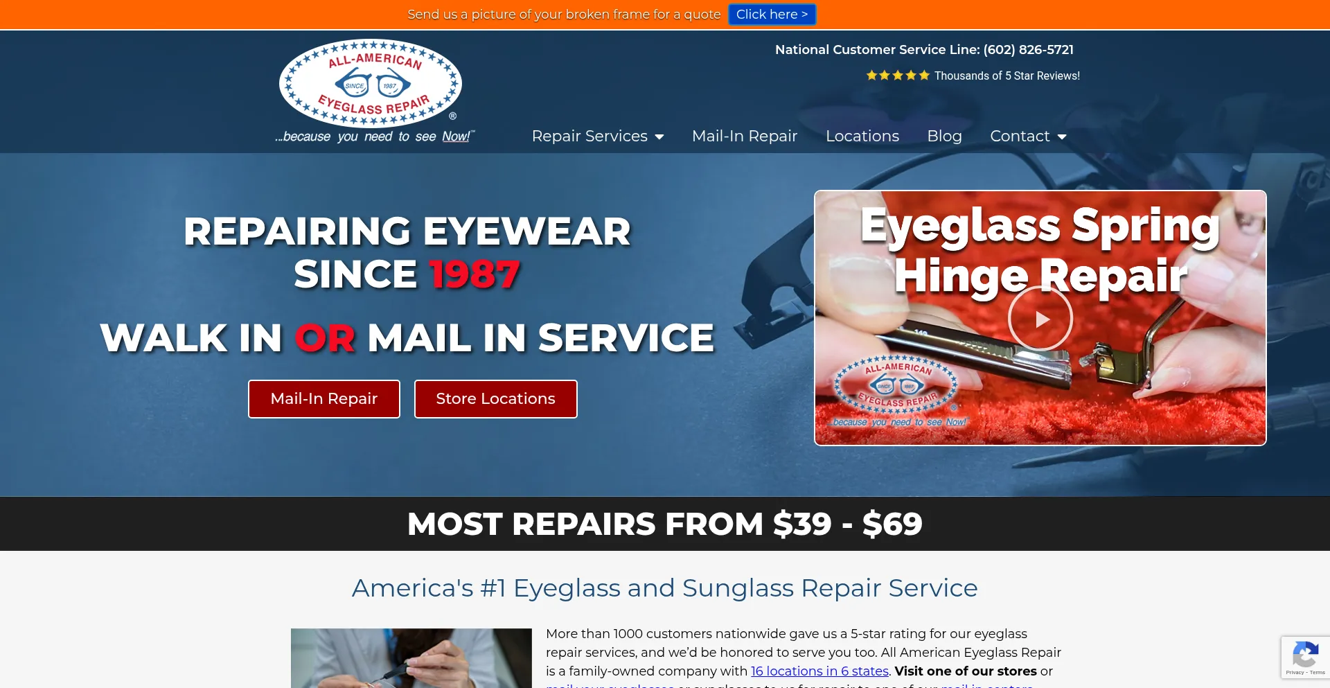 Website screenshot of Americaneyeglassrepair.com