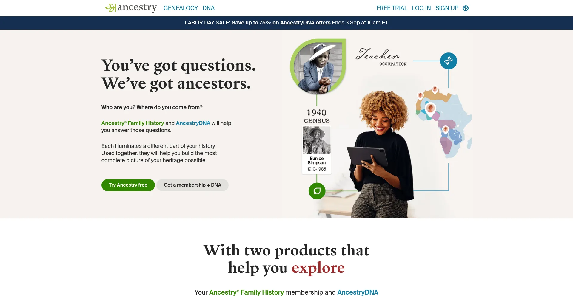 Website screenshot of Ancestory.com