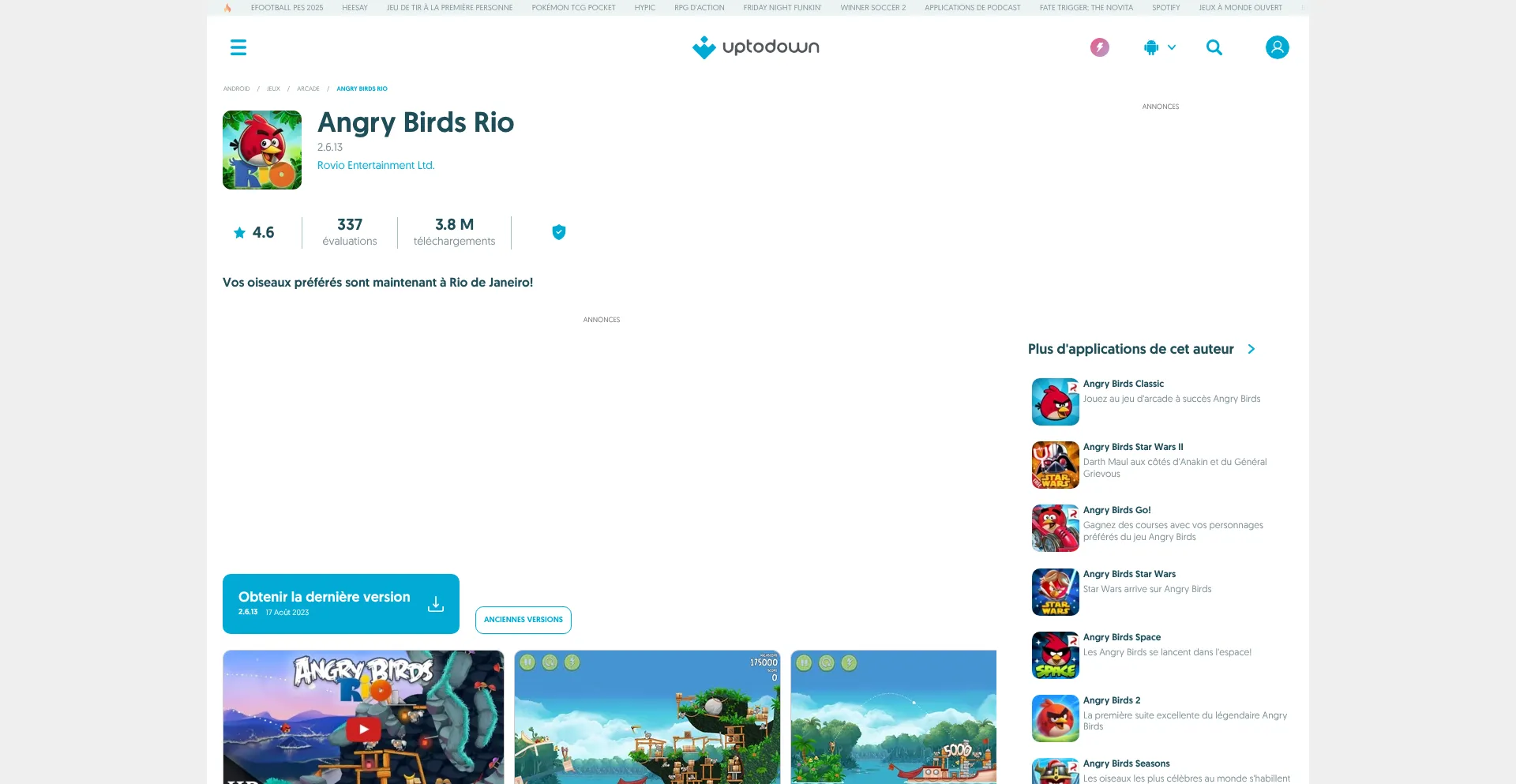 Website screenshot of Angry-birds-rio.fr.uptodown.com