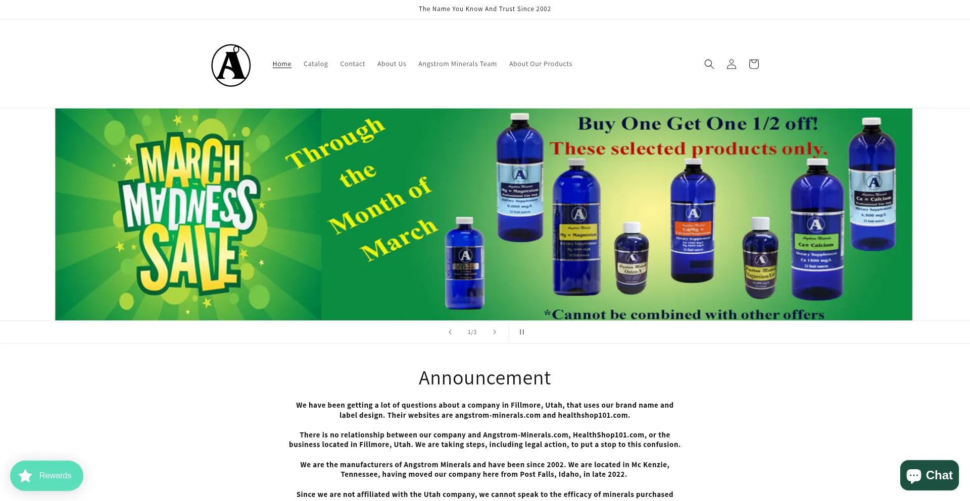 Website screenshot of Angstromminerals.com