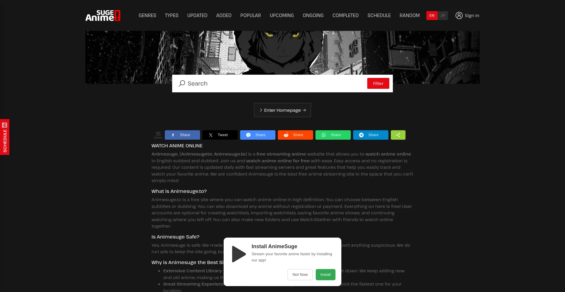Website screenshot of Animesuge.nz
