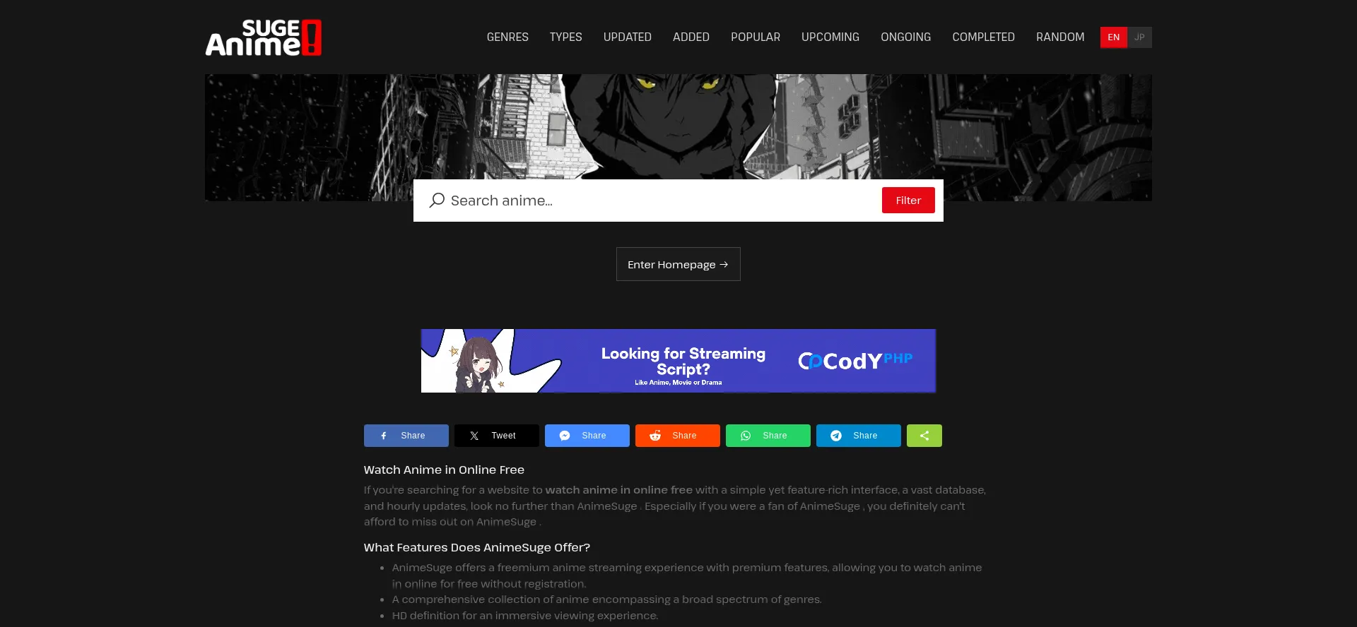Website screenshot of Animesuge.vip