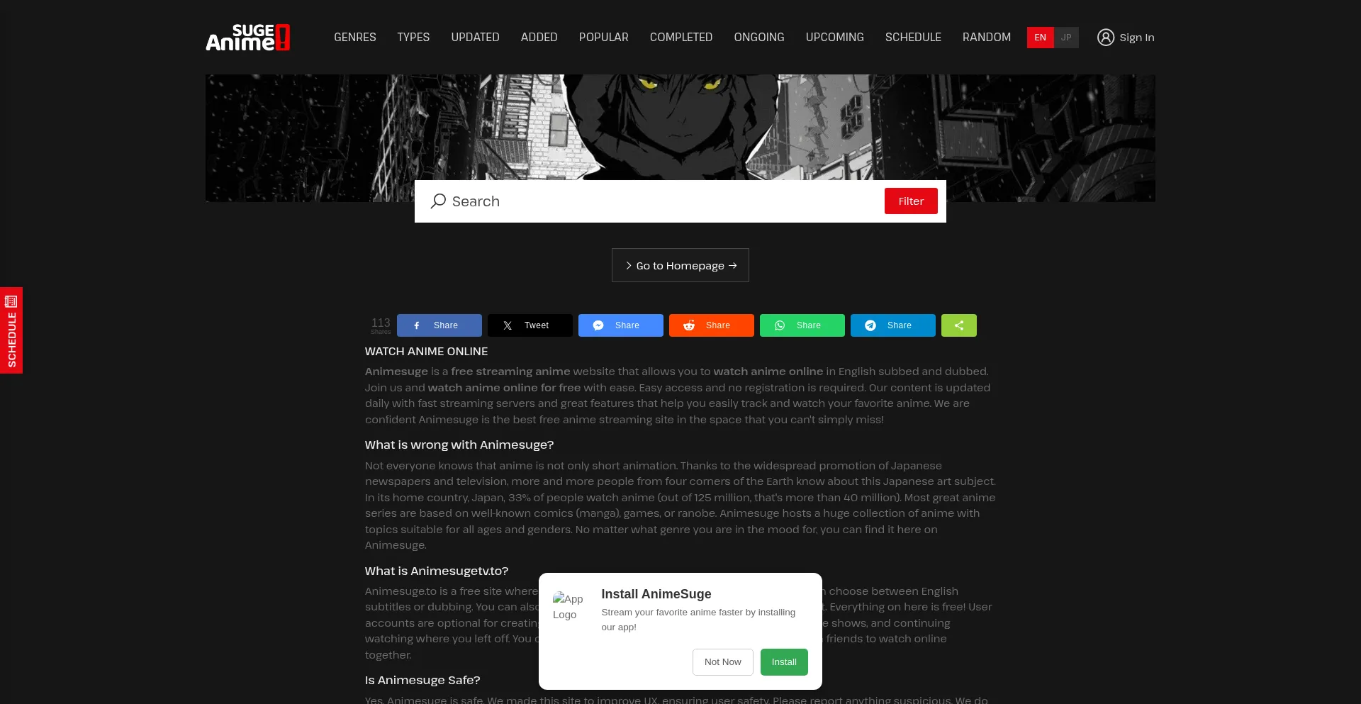 Website screenshot of Animesugetv.se