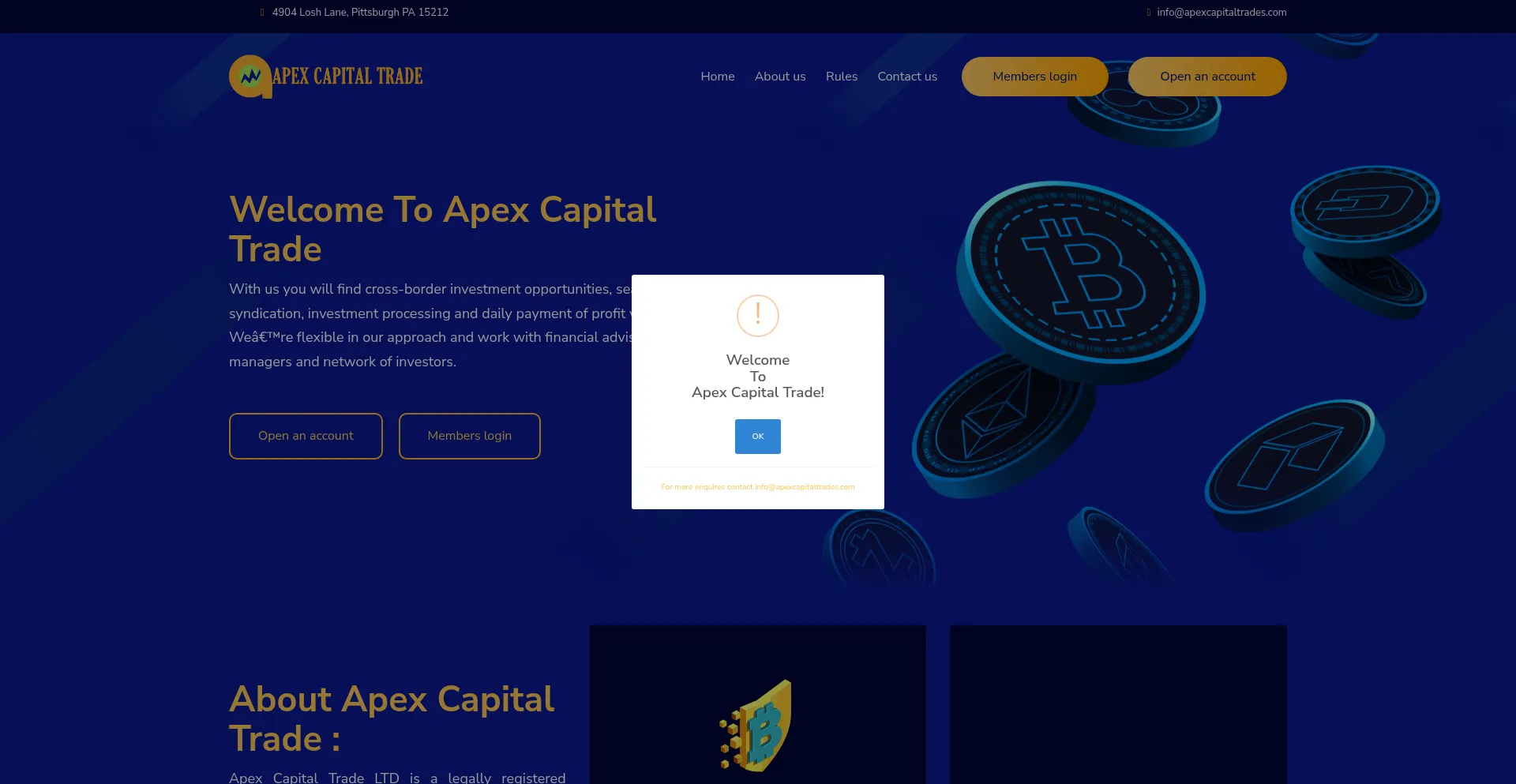 Website screenshot of Apexcapitaltrades.com