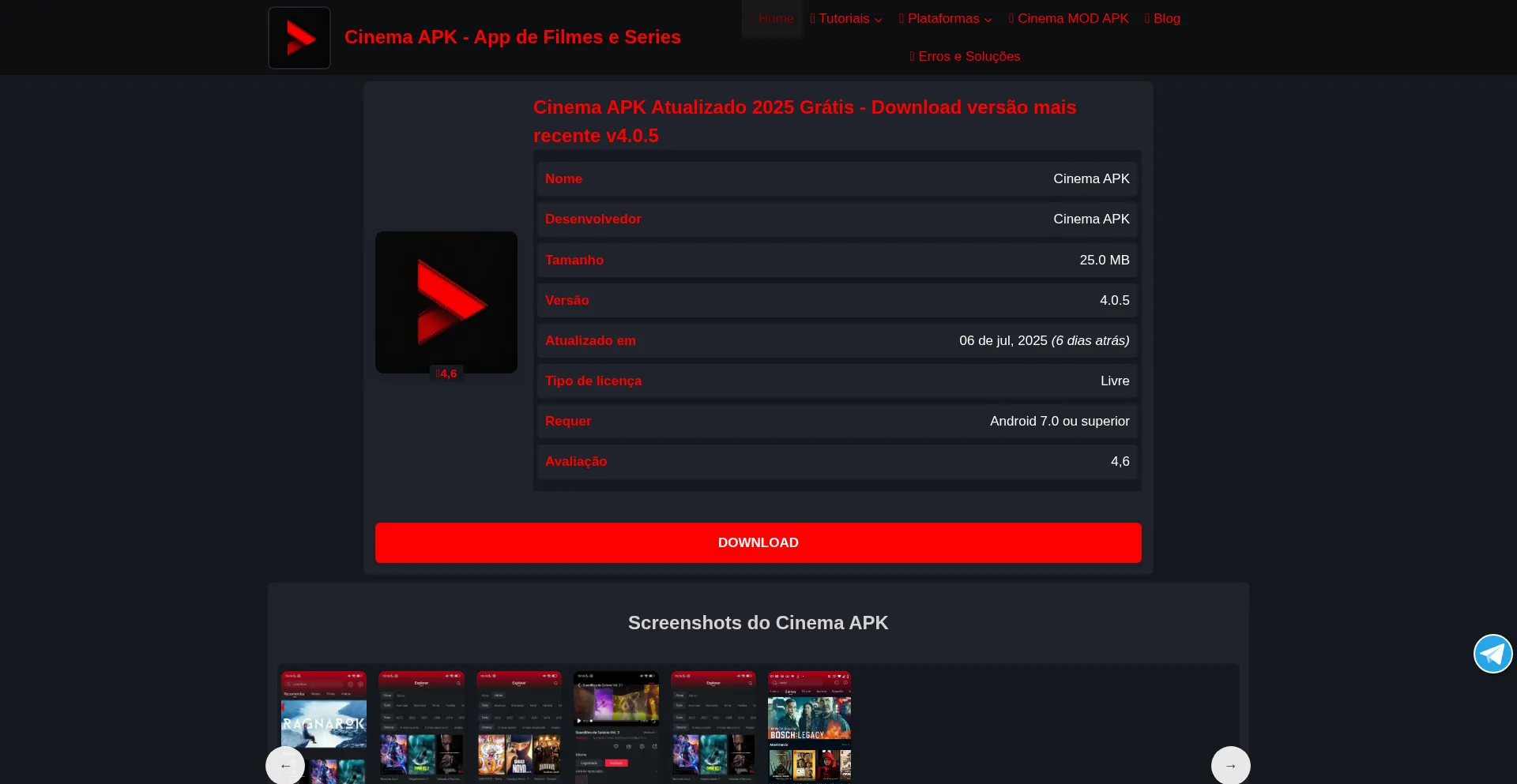 Website screenshot of Apkcinema.com.br