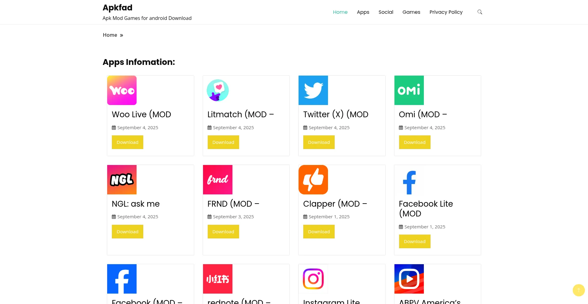 Website screenshot of Apkfad.com