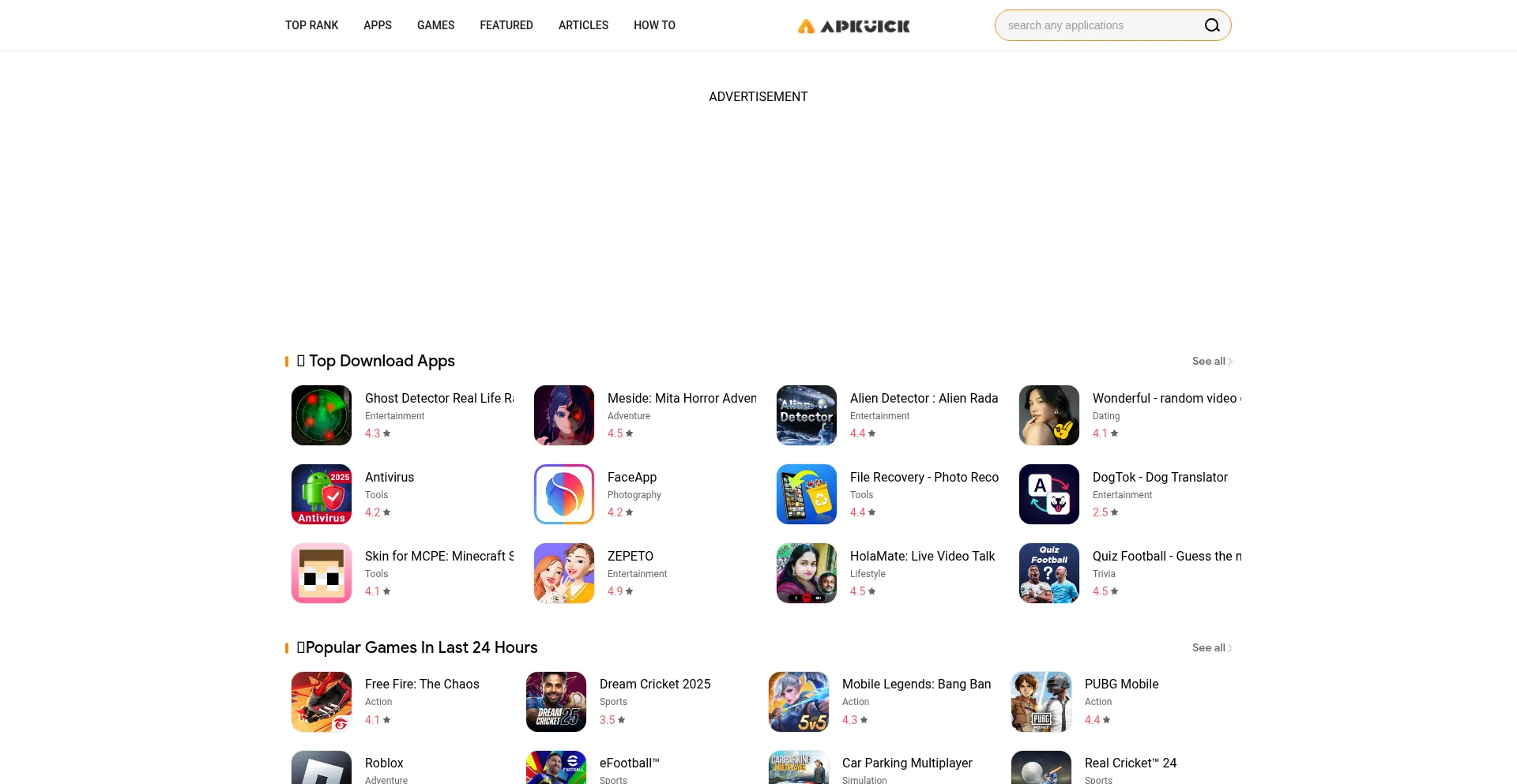 Website screenshot of Apkuick.com