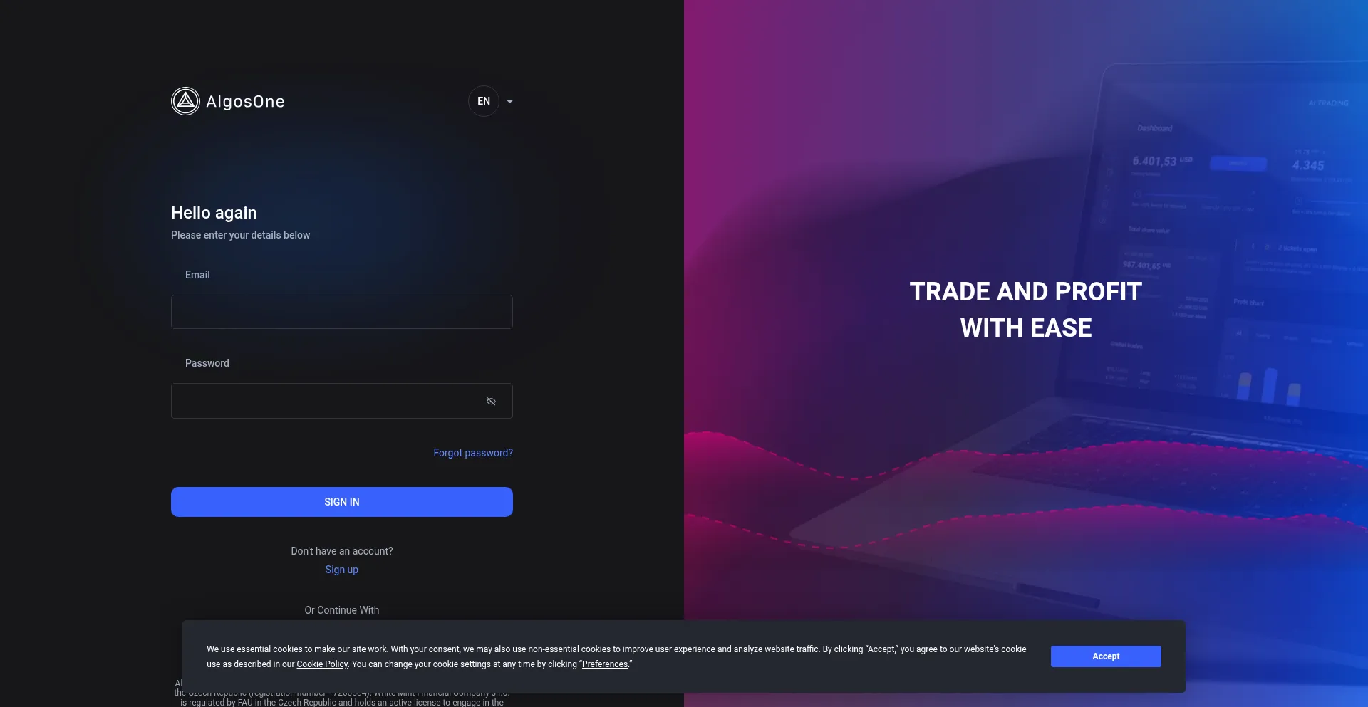 Website screenshot of App.algosone.ai
