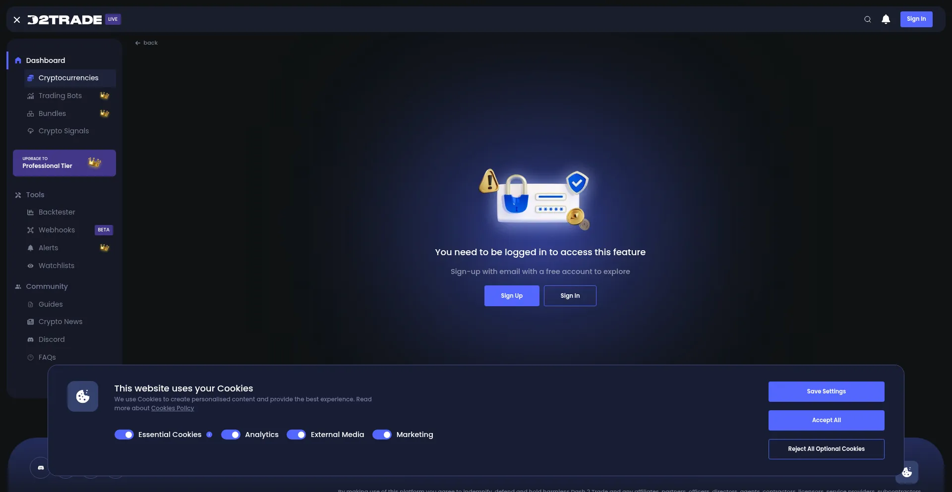 Website screenshot of App.dash2trade.com