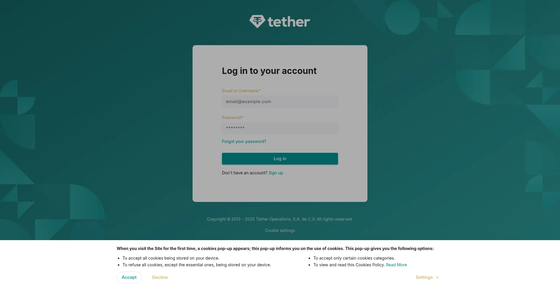 Website screenshot of App.tether.to