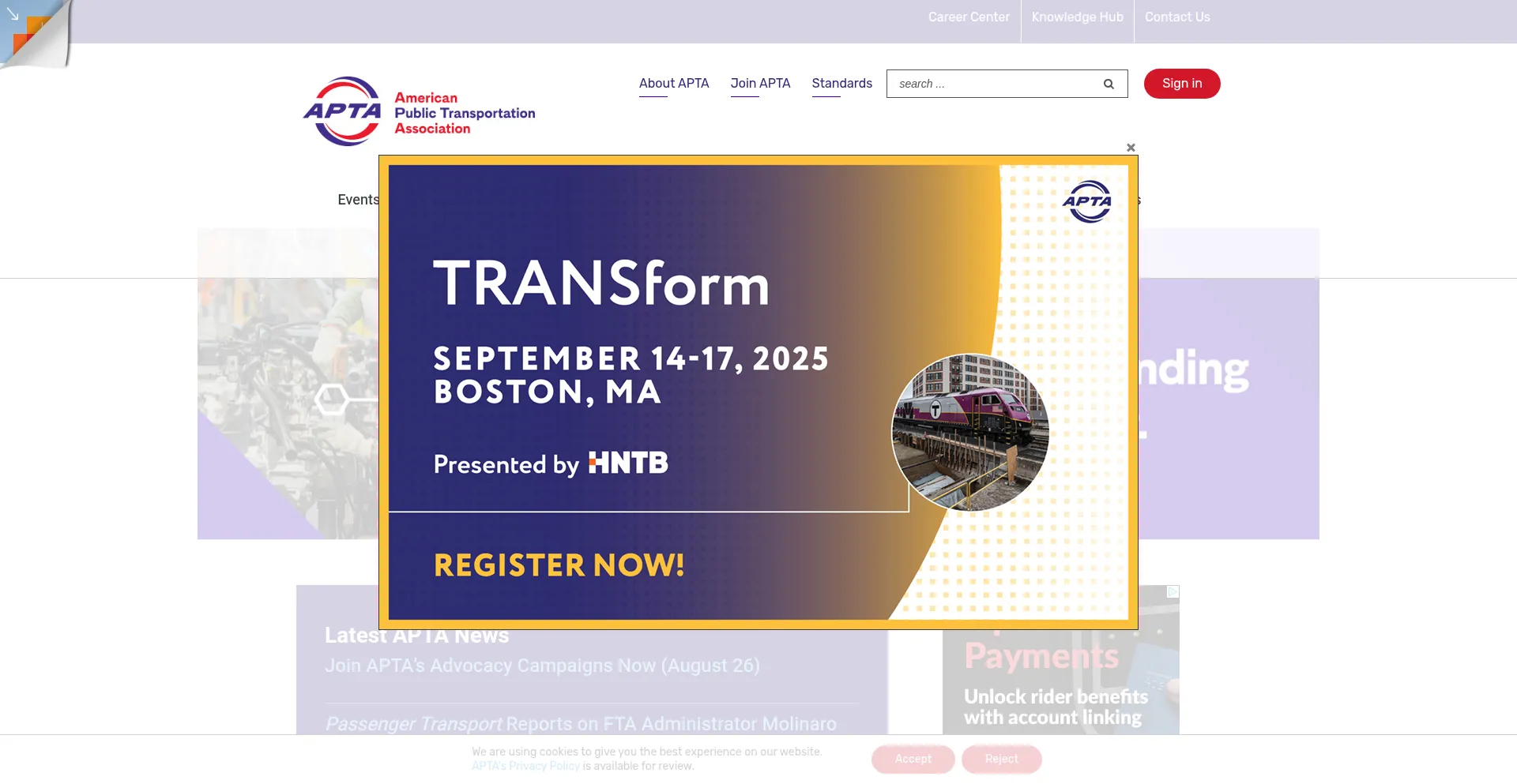 Website screenshot of Apta.com