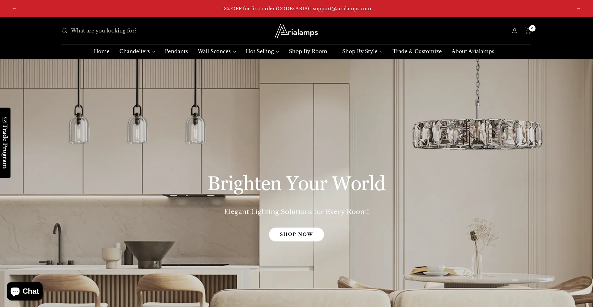 Website screenshot of Arialamps.com