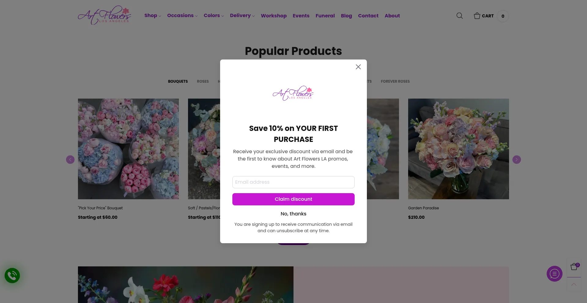 Website screenshot of Artflowersla.com