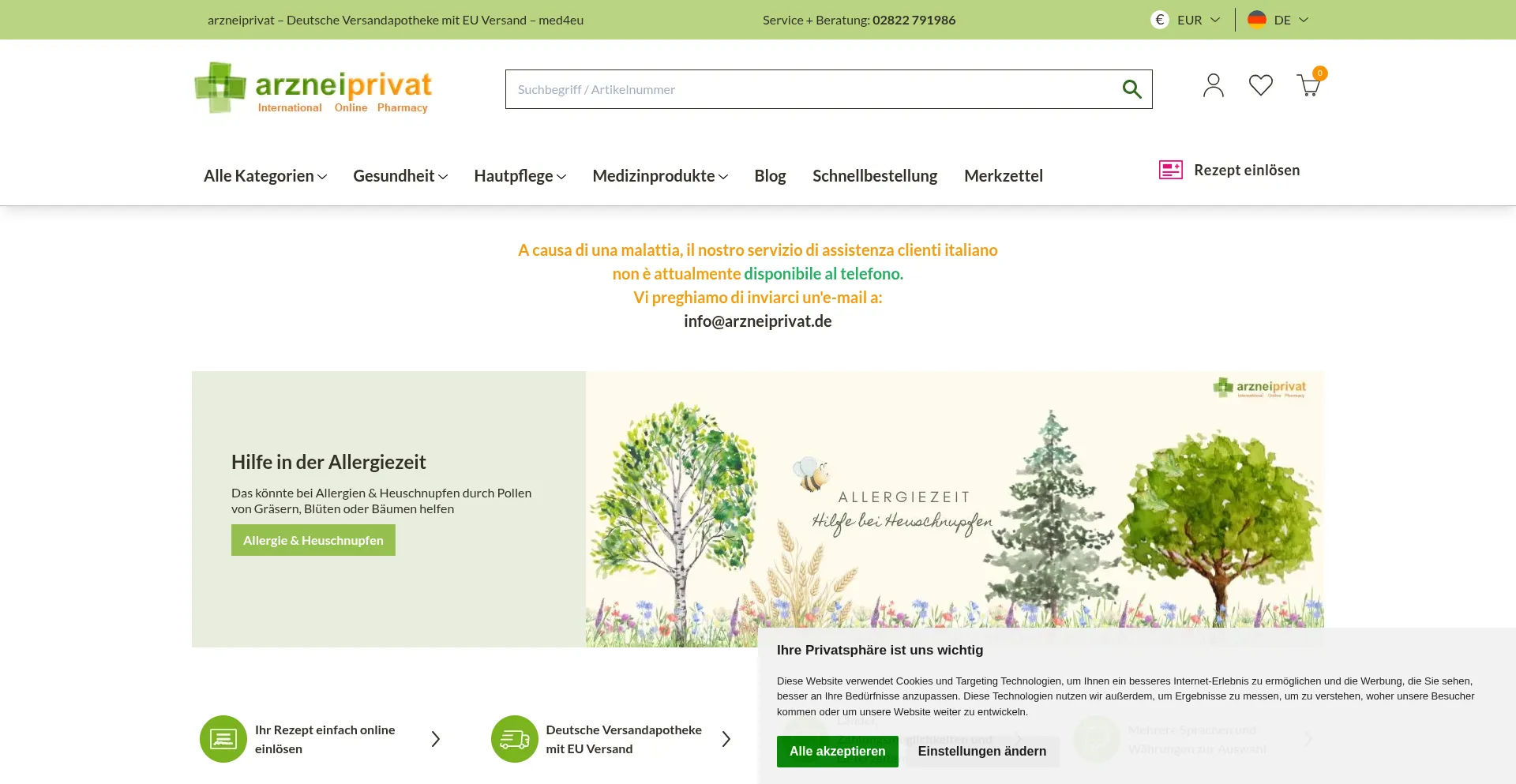 Website screenshot of Arzneiprivat.de