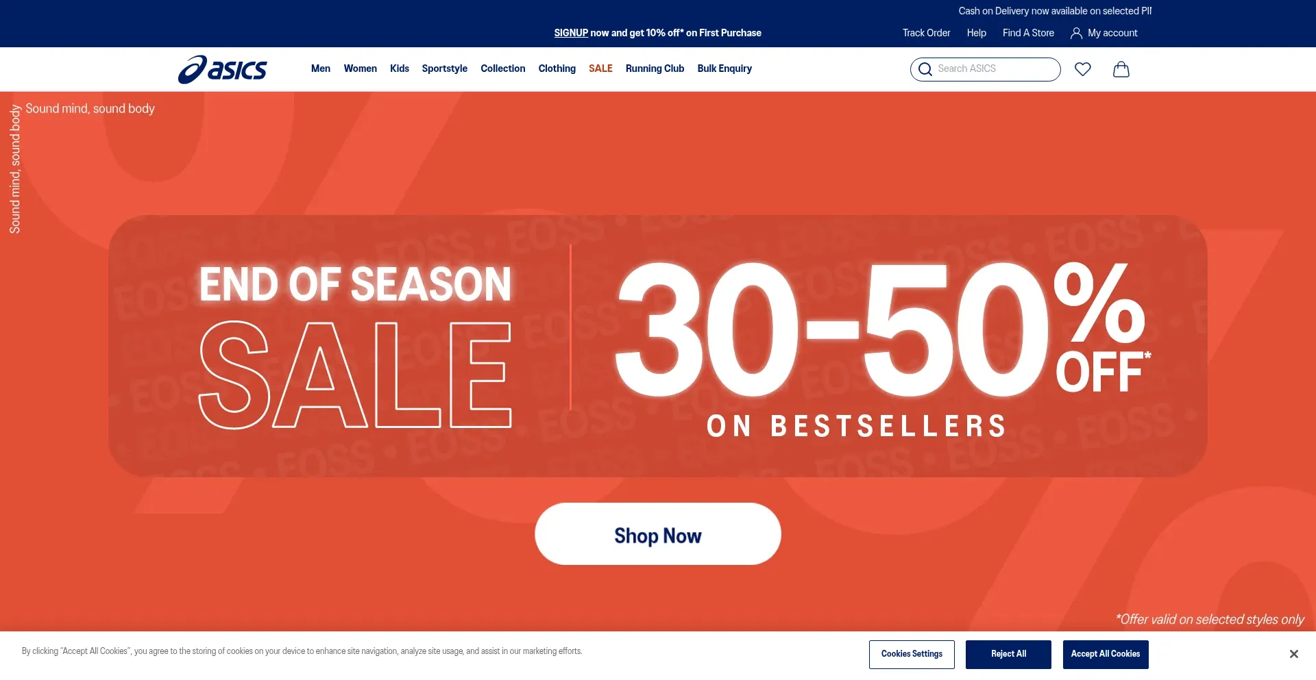 Website screenshot of Asics.co.in
