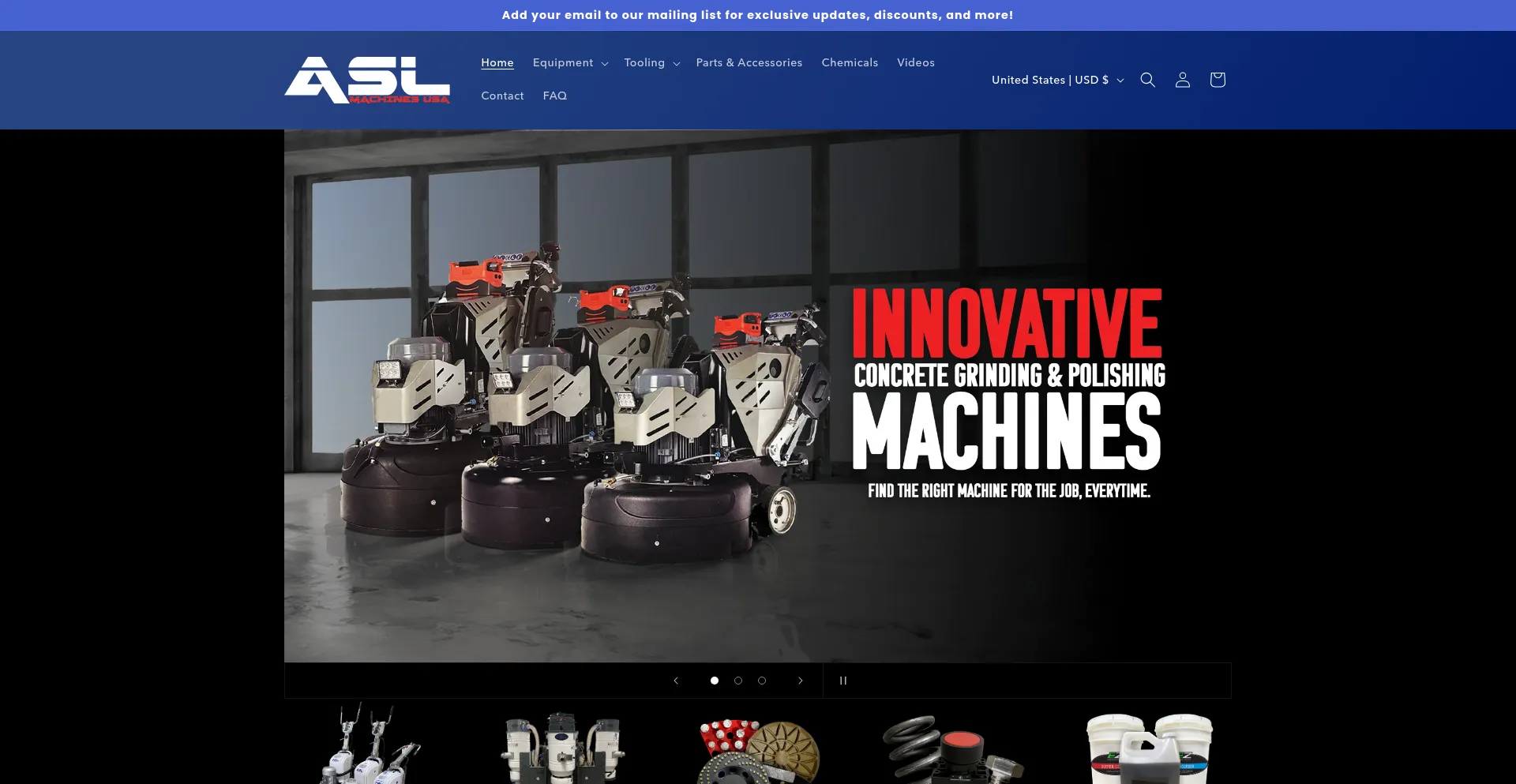 Website screenshot of Aslmachinesusa.com