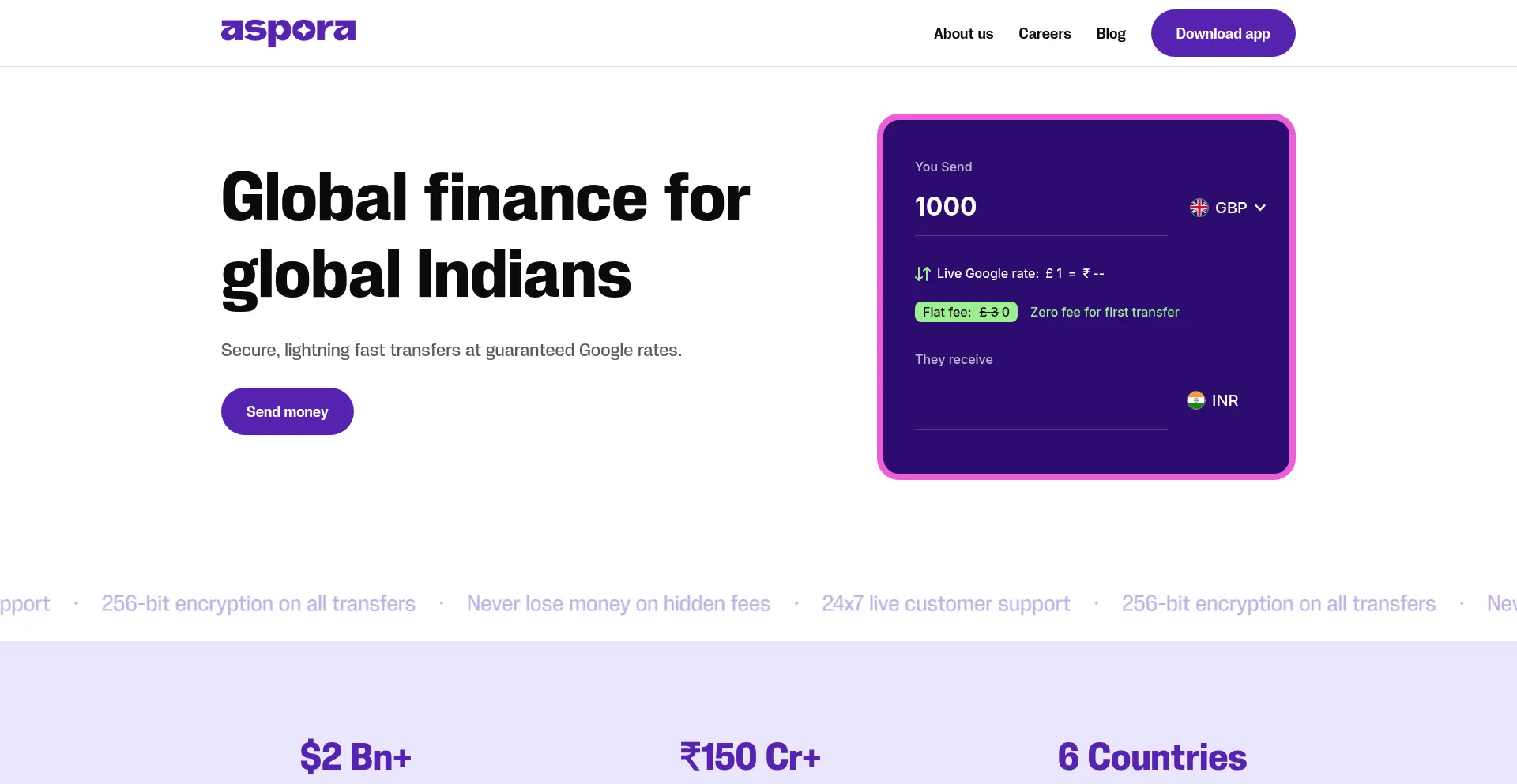 Website screenshot of Aspora.com