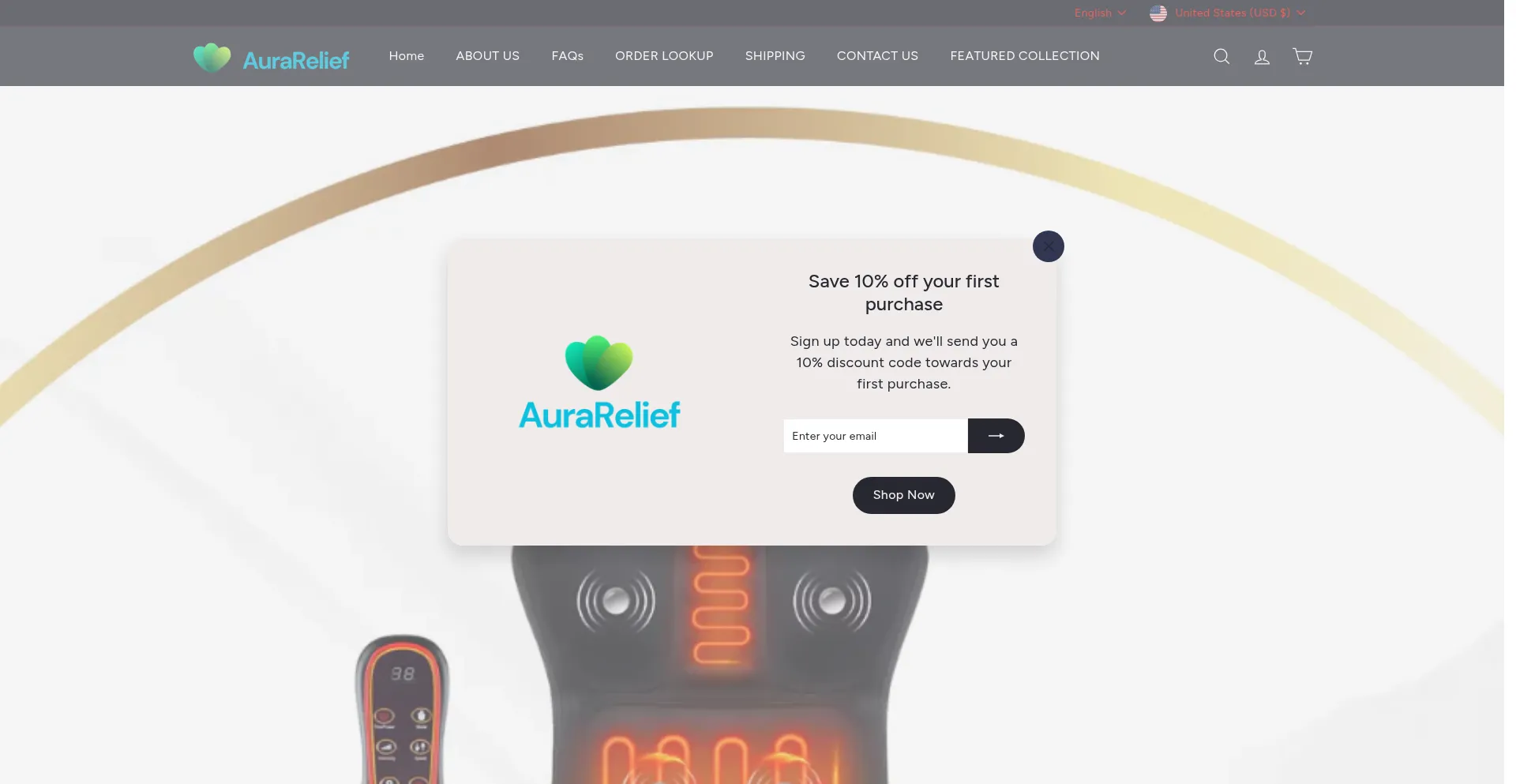 Website screenshot of Aurareliefcare.com