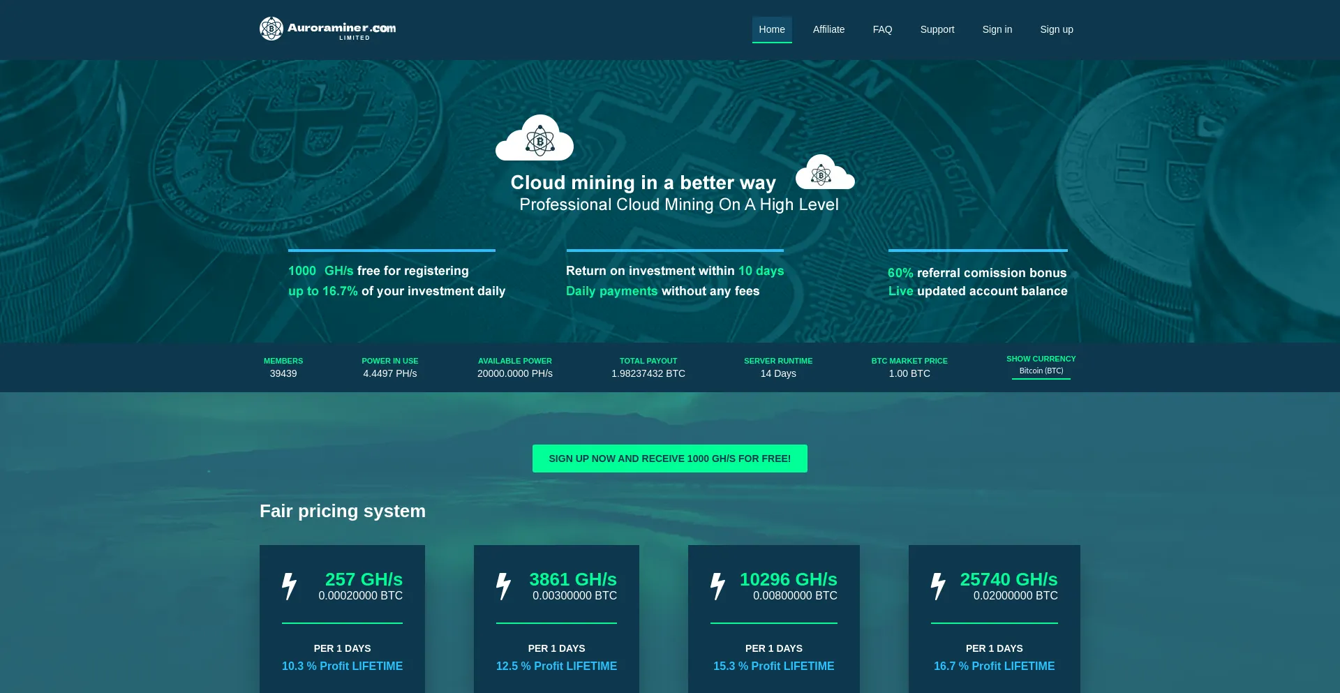 Website screenshot of Auroraminer.com