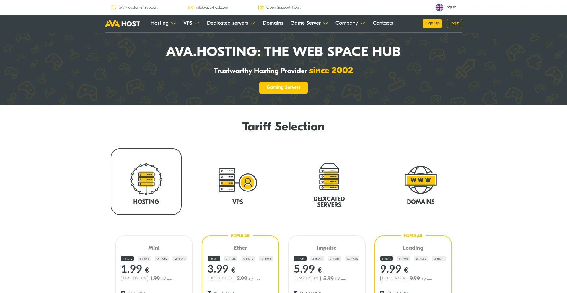 Website screenshot of Ava.hosting