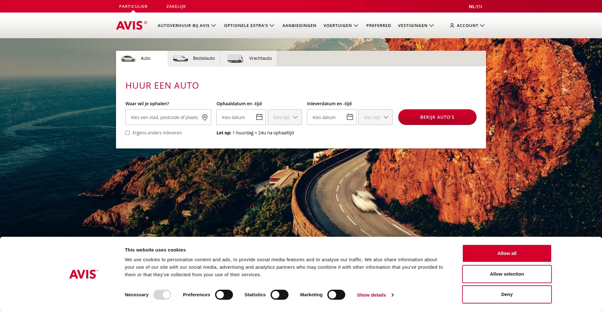 Website screenshot of Avis.nl